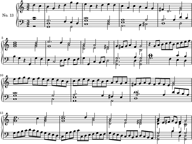 
\version "2.14.2"
\header {
  tagline = ##f
}
upper = \relative c'' {
  \clef treble 
  \key a \minor
  \time 3/2
  \autoBeamOff
  \tempo 2 = 110
  \set Staff.midiInstrument = #"harpsichord"

   \partial 2 d4 c b g r4 d' g f e c r4 d e d c a c b a g 
    << { fis4 d2. a'2 } \\ { s1 fis2 } >>
    << { d'1 d2 e2. d4 c2 b a fis g4 fis8 g a4 fis g2 } \\ { < b g >1 < b g >2 g1 a2 < g d >2 e2 d s1 b2 } >>
    % ms. 9
    r4 g'8[ a] b8[ c d b] c[ d e f] | e8[ f g f] e[ f e d] e[ d c b] | c8[ d e d] c8[ d b c] a8[ b g a]
    fis8[ g a g] fis[ g fis e] 
    << { a2 } \\ { fis2 } >>
    % ms. 13
    << { < d' g, >1 d2 e2. d4 c2 } \\ { b2. c4 < b g >2 < c g >1 a2 } >>
    << { b2 a a b4 e,8 fis g e fis4 g2 } \\ { < g d >2 e2 < fis d >2 < g d >4 s2 d4 < d b >2 } >>

}

lower = \relative c {
  \clef bass
  \key a \minor
  \time 3/2
  \set Staff.midiInstrument = #"harpsichord"
 
    << { r2 g'2. f4 e d | c'1 g2 | < a e >1 a2 | a2. a4 d c } \\ { r2 < d, g, >1 g,2 < g' c, >1 < e c >2 a,2. b4 cis2 d1 d2 } \\ { r2 } >>
    % ms. 5
    b'4 g r4 g, g' f e c2 d8 e f4 e8 f g4 g, c b8 c d2
    << { g2. a4 g2 } \\ { < d g, >2. d4 < d g, >2 } >>
    << { < d' b >1 c4 b < c g >1 g2 } \\ { g2. f4 e d c1 c2 } >>
    % ms. 11
    << { a'2. g4 fis e d'1 } \\ { < e, a, >1 a,2 d1 } \\ { s1 s2 a'2. a4 d8 c b a } >>
    g8 a b c d c b a g f e d c g' a b c c, d e f g e f g f e d c d b c d c b a 
    << { g'2 b4 a g2 } \\ { < d g, >2 b'4 d, < d g, >2 } >>
    
}

\score {
  \new PianoStaff <<
    \set PianoStaff.instrumentName = #"No. 13"
    \new Staff = "upper" \upper
    \new Staff = "lower" \lower
  >>
  \layout {
    \context {
      \Score
      \remove "Metronome_mark_engraver"
    }
  }
  \midi { }
}
