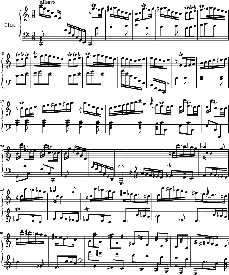 
\version "2.18.2"
\header {
  tagline = ##f
  % composer = "Domenico Scarlatti"
  % opus = "K. 143"
  % meter = "Allegro"
}

%% les petites notes
trillGqp       = { \tag #'print { g8.\trill } \tag #'midi { a32 g a g~ g16 } }
trillGqpUp     = { \tag #'print { g'8.\trill } \tag #'midi { a32 g a g~ g16 } }
trillFqp       = { \tag #'print { f8.\trill } \tag #'midi { g32 f g f~ f16 } }
trillCq        = { \tag #'print { c8\trill } \tag #'midi { d32 c d c } }
trillDq        = { \tag #'print { d8\trill } \tag #'midi { e32 d e d } }
trillEq        = { \tag #'print { e8\trill } \tag #'midi { f32 e f e } }
trillEqDown    = { \tag #'print { e,8\trill } \tag #'midi { f32 e f e } }
trillEqp       = { \tag #'print { e8.\trill } \tag #'midi { f32 e f e~ e16 } }
trillEqpDown   = { \tag #'print { e,8.\trill } \tag #'midi { f32 e f e~ e16 } }
trillCqpDown   = { \tag #'print { c,8.\trill } \tag #'midi { d32 c d c~ c16 } }
trillEesqp     = { \tag #'print { ees8.\trill } \tag #'midi { f32 ees f ees~ ees16 } }

upper = \relative c'' {
  \clef treble 
  \key c \major
  \time 3/8
  \tempo 4. = 58
  \set Staff.midiInstrument = #"harpsichord"
  \override TupletBracket.bracket-visibility = ##f

      s8*0^\markup{Allegro}
      c'16 g e c g[ e] | s4. | r8 \trillGqpUp f32 g | gis16 a f d c b | b c \trillGqpUp f32 g | gis16 a f d c b |
      % ms. 7
      \repeat unfold 3 { \trillCq \trillDq \trillEq | \trillFqp g32 a g f e d }
      % ms. 13
      e16 d c b c d | e d c b c8 | r8 \trillEqDown d16 e32 f | g16 a b c cis d | r8 \trillCq b16 c32 d | e16 f fis g gis a |
      % ms. 19
      r16 a16 f d c b | c d32 e f g a b c16 g | \appoggiatura g32 f8 \trillEqp d32 e | d16[ d'] \trillEqpDown d32 e | d16[ c'] \trillCqpDown b32 c | b16[ d'] \trillEqpDown d32 e | d16[ c'] \trillCqpDown b32 c |
      % ms. 26
      b16[ g'] d b g d | s2.  \bar "||"  s4. | r16 c'16 c' bes aes g | 
      % ms. 31
      \repeat unfold 2 { << { aes4 g8 } \\ { aes16 c, b4 } >> | r16 c16 c' bes aes g } | fis16 ees d8. cis16 | d d' cis bes a g |
      % ms. 37
      fis16 ees \appoggiatura ees32 d8. cis16 | d d' cis bes a g | fis e d8. c16 | b8 < g' b > a, | < fis' a > g, < e' g > | fis, < d' fis > e, | < c' e > d, < b' d > |
      % ms. 44
      c,8 < a' c > b, | < g' b > < fis a >16 g fis e | d8

}

lower = \relative c' {
  \clef bass
  \key c \major
  \time 3/8
  \set Staff.midiInstrument = #"harpsichord"
  \override TupletBracket.bracket-visibility = ##f

    % ************************************** \appoggiatura a16  \repeat unfold 2 {  } \times 2/3 { }   \omit TupletNumber 
      < c,, g' c >8 s4 | c''16 g e c g e  | c4 e''8 | f4 g8 | a4 e8 | f4 g8 |
      % ms. 7
      \repeat unfold 3 { e8 f g | a b g } | 
      % ms. 13
      c16 g e c   \clef bass g e | c g e c r8 | c''4 c8 | < b d >4 q8 | < a c e >4 q8 | < g c e >4 q8 |
      % ms. 19
      < f b d >4 q8 | < e g c >4 q8 | < d f b >8 c' c, | g' \repeat unfold 2 { c c, | g' c, c, | g' }
      % ms. 26 suite
      s4 | b'16 g d b g d g,4.\fermata | r16   \clef treble a'''16 g f ees d | \trillEesqp d16 c8 |
      % ms. 31
      \repeat unfold 2 { f8 g16 f ees d | \trillEesqp d16 c8 } |  \repeat unfold 2 { d8. c'16 bes a | bes4 ees,8 } |
      % ms. 39
      d8. c'16 b a |   \clef bass g8 \stemUp g,, \stemDown fis'' | \stemUp fis,, \stemDown e'' \stemUp e,, | \stemDown d'' \stemUp d,, \stemDown c'' | \stemUp c,, \stemDown b'' \stemUp b,, | \stemDown
      % ms. 44
      a'' \stemUp a,, \stemDown g''  | \stemUp g,, \stemDown d''8. c16 | < b g' >8

}

thePianoStaff = \new PianoStaff <<
    \set PianoStaff.instrumentName = #"Clav."
    \new Staff = "upper" \upper
    \new Staff = "lower" \lower
  >>

\score {
  \keepWithTag #'print \thePianoStaff
  \layout {
      #(layout-set-staff-size 17)
    \context {
      \Score
     \override SpacingSpanner.common-shortest-duration = #(ly:make-moment 1/2)
      \remove "Metronome_mark_engraver"
    }
  }
}

\score {
  \keepWithTag #'midi \thePianoStaff
  \midi { }
}
