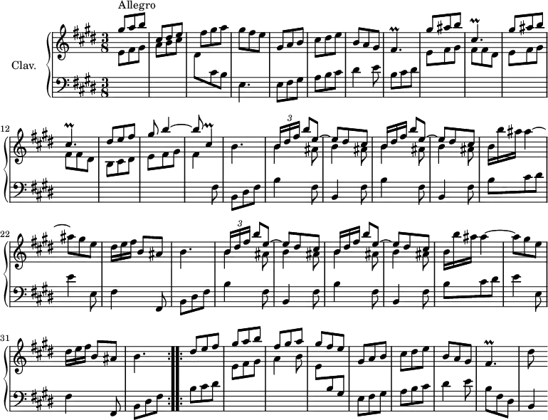 
\version "2.18.2"
\header {
  tagline = ##f
  % composer = "Domenico Scarlatti"
  % opus = "K. 163"
  % meter = "Allegro"
}

%% les petites notes
trillFisp      = { \tag #'print { fis4.\prall } \tag #'midi { gis32 fis gis fis~ fis4 } }
trillCispDown  = { \tag #'print { cis,4.\prall } \tag #'midi { dis32 cis dis cis~ cis4 } }
trillCisDown   = { \tag #'print { cis,4\prall } \tag #'midi { dis32 cis dis cis~ cis8 } }

upper = \relative c'' {
  \clef treble 
  \key e \major
  \time 3/8
  \tempo 4. = 72

   \repeat volta 2 {
      s8*0^\markup{Allegro}
      \stemUp gis'8 a b | cis, dis e \stemNeutral  | fis gis a | gis fis e | gis, a b | cis dis e |
      % ms. 7
      b8 a gis | \trillFisp | \stemUp \repeat unfold 2 { gis'8 ais b \trillCispDown } \stemUp | dis8 e fis | 
      % ms. 14
      gis8 b4^~ | b8 \trillCisDown  \stemNeutral | b4. | 
      \repeat unfold 2 { << { \repeat unfold 2 { \times 2/3 { b16 dis fis } b8[ e,~] | e dis cis \omit TupletNumber } } \\ { \repeat unfold 4 { b4 ais8 } } >> \omit TupletNumber |
      % ms. 21-27
      \times 2/3 { b16 b' ais } ais4~ | ais8 gis e | \times 2/3 { dis16 e fis } b,8[ ais] | b4. } }%repet
      % ms. 33
      \bar ":..:" \stemUp
      dis8 e fis gis a b | fis gis a | gis fis e \stemNeutral | gis, a b | cis dis e | b a gis 
      % ms. 40
      \trillFisp | dis'8

}

lower = \relative c' {
  \clef bass
  \key e \major
  \time 3/8

  \repeat volta 2 {
    % ************************************** \appoggiatura a16  \repeat unfold 2 {  } \times 2/3 { }   \omit TupletNumber 
      s8*0 \stemDown \change Staff = "upper"  e8 fis gis | a b cis | dis, \change Staff = "lower" cis b \stemNeutral | e,4.  | e8 fis gis | a  b cis |
      % ms. 7
      dis4 e8 | b cis dis | \stemDown \change Staff = "upper" \repeat unfold 2 { e8 fis gis | fis fis dis } |  b8 cis dis \stemDown \change Staff = "upper" |
      % ms. 14
      e8 fis gis | fis4 \stemNeutral \change Staff = "lower" fis,8 | \repeat unfold 2 { b, dis fis | \repeat unfold 2 { b4 fis8 | b,4 fis'8 }
      % ms. 21-27
      b8 cis dis | e4 e,8 | fis4 fis,8 } | b8 dis fis }%repet
      % ms. 33
      b8 cis dis \stemDown \change Staff = "upper"  | e fis gis | a4 b8 | e, \stemNeutral \change Staff = "lower" b gis | e fis gis | a b cis | dis4 e8 |
      % ms. 40
       b8 fis dis | b4

}

thePianoStaff = \new PianoStaff <<
    \set PianoStaff.instrumentName = #"Clav."
    \new Staff = "upper" \upper
    \new Staff = "lower" \lower
  >>

\score {
  \keepWithTag #'print \thePianoStaff
  \layout {
      #(layout-set-staff-size 17)
    \context {
      \Score
     \override TupletBracket.bracket-visibility = ##f
     \override SpacingSpanner.common-shortest-duration = #(ly:make-moment 1/2)
      \remove "Metronome_mark_engraver"
    }
  }
}

\score {
  \unfoldRepeats
  \keepWithTag #'midi \thePianoStaff
  \midi { \set Staff.midiInstrument = #"harpsichord" }
}
