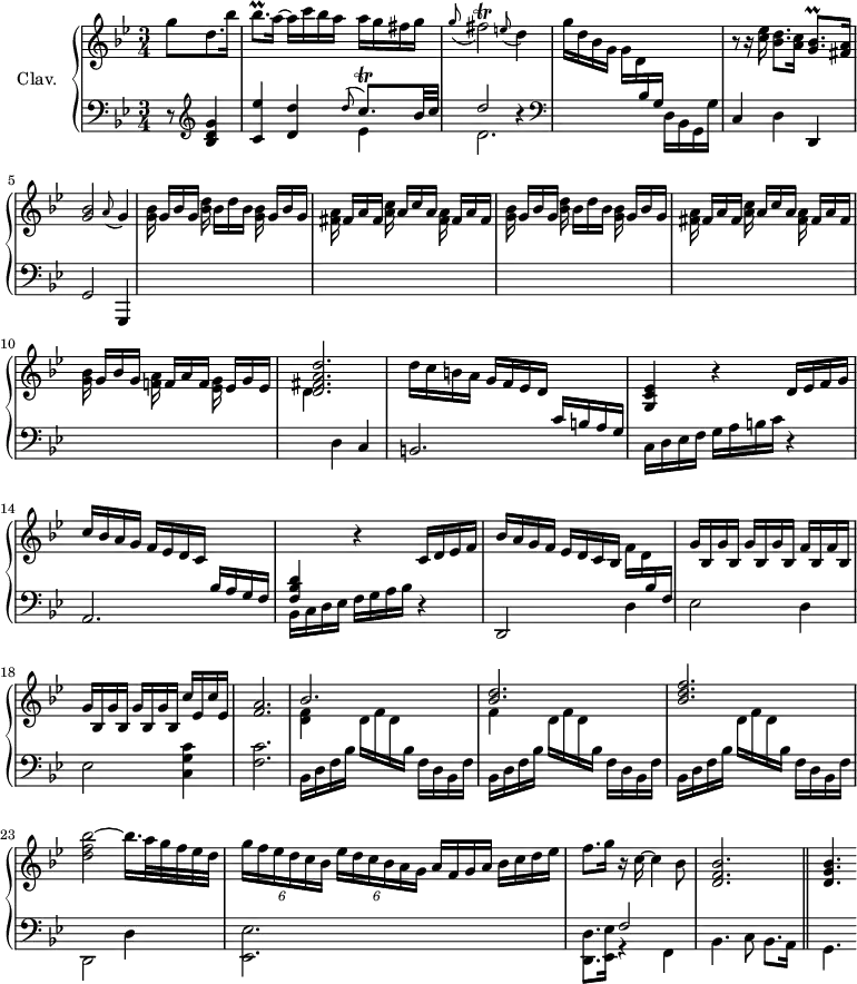 
\version "2.18.2"
\header {
  tagline = ##f
  % composer = "Jean-Philippe Rameau"
  % opus = "La Dauphine"
}

%% les petites notes
trillBesqp     = { \tag #'print { bes8.\prall } \tag #'midi { \times 2/3 { bes32 c bes~ } bes8 } }
trillCqp       = { \tag #'print { c8.\trill } \tag #'midi { d32 c d c~ c16 } }
trillFisb      = { \tag #'print { fis2\trill } \tag #'midi { \repeat unfold 2 { g32 fis g fis~ } fis4 } }
appoED         = { \tag #'print { \appoggiatura e8 d4 } \tag #'midi { e8   \tempo 4 = 60 d8   \tempo 4 = 96 } }
appoAG         = { \tag #'print { \appoggiatura a8 g4 } \tag #'midi { a8   \tempo 4 = 60 g8   \tempo 4 = 96 } }
trillGBqp      = { \tag #'print { < g bes >8.\prall } \tag #'midi { << { \times 2/3 { bes32 c bes~ } bes8 } \\ { g8. } >> } }


upper = \relative c'' {
  \clef treble 
  \key g \minor
  \time 3/4
  %\override Staff.TimeSignature.style = #'single-digit
  \tempo 4 = 96

      \partial 4. g'8[ d8. bes'16] | \trillBesqp a16~ a c bes a a g fis g | \appoggiatura g8 \trillFisb \appoED | g16 d bes g g d  \stemUp  \change Staff = "lower"  bes g s4 \stemNeutral   \change Staff = "upper" |
      % ms. 5
      r8 r16 < c' ees >16 < bes d >8. < a c >16 \trillGBqp < fis a >16 | < g bes >2 \appoAG |
      \repeat unfold 2 { s16 g16 bes g s16 bes16 d bes s16 g16 bes g | s16 fis a fis s16 a16 c a s16 fis a fis } |
      % ms. 10
      s16 g16 bes g  s16 f a f s16 ees g ees | < d fis a d >2. | d'16 c b a g f ees d   \stemUp  \change Staff = "lower"  c b a g \stemNeutral   \change Staff = "upper"  | < g c ees >4 r4 d'16 ees f g |

      c16 bes a g f ees d c  \stemUp  \change Staff = "lower"   bes a g f | < f bes d >4 \stemNeutral   \change Staff = "upper"   r4 c'16 d ees f | bes a g f ees d c bes f' d \stemUp  \change Staff = "lower" bes f \stemNeutral   \change Staff = "upper"  | \repeat unfold 4 { g'16 bes, } \repeat unfold 2 { f' bes, } |
      % ms. 19
      \repeat unfold 4 { g'16 bes, } \repeat unfold 2 { c' ees, } | <f a >2. | << { bes2. | < bes d > | < bes d f > } \\ { < d, f >4 s2 | f4  } >>
      % ms. 24
      < d' f bes >2~  bes'16. a32 g f ees d |   \tempo 4 = 72 \times 2/6 { g16[ f ees d c bes] } \times 2/6 { ees d c bes a g } \tempo 4 = 102 a16 f g a bes c d ees \tempo 4 = 96 | f8. g16 r16 c,16~ c4 bes8 < d, f bes >2.  \bar "||"	 < d g bes >4.

}

lower = \relative c' {
  \clef bass
  \key g \minor
  \time 3/4

    % ************************************** \appoggiatura a16  \repeat unfold 2 {  } \times 2/3 { }   \omit TupletNumber 
      r8   \clef treble < bes d g >4 | < c ees' > < d d' > << { \appoggiatura d'8 \stemUp \trillCqp bes32 c | d2 b4\rest } \\ { ees,4 | d2. } >>  \stemDown \clef bass | s2 d,16 bes g g' \stemNeutral |
      % ms. 5
      c,4 d d, | g2 g,4 | \stemDown \change Staff = "upper" \repeat unfold 2 { 
      < g''' bes >16 s8. < bes d >16 s8. < g bes >16 s8. | < fis a >16 s8. < a c >16 s8. < fis a >16 s8. } | < g bes >16 s8. < f! a >16 s8. < ees g >16 s8. |
      d4     \stemNeutral \change Staff = "lower"  d, c | b2. | c16 d ees f  g a b c r4 |
      % ms. 15
      a,2. | \stemDown bes16 c d ees \stemNeutral f g a bes r4 | d,,2 d'4 | ees2 d4 |
      % ms. 19
      ees2 < c g' c >4 | < f c' >2. | \repeat unfold 3 { bes,16 d f bes \stemDown \change Staff = "upper" d f d \change Staff = "lower" bes f d bes f' }
      % ms. 24
      d,2 d'4 | < ees, ees' >2. | < d d' >8. < ees ees' >16 << { f'2 } \\ { r4 f,4 } >> | bes4. c8 bes8. a16 | g4.

}

thePianoStaff = \new PianoStaff <<
    \set PianoStaff.instrumentName = #"Clav."
    \new Staff = "upper" \upper
    \new Staff = "lower" \lower
  >>

\score {
  \keepWithTag #'print \thePianoStaff
  \layout {
      #(layout-set-staff-size 17)
    \context {
      \Score
     \override TupletBracket.bracket-visibility = ##f
     \override SpacingSpanner.common-shortest-duration = #(ly:make-moment 1/2)
      \remove "Metronome_mark_engraver"
    }
  }
}

\score {
  \keepWithTag #'midi \thePianoStaff
  \midi { \set Staff.midiInstrument = #"harpsichord" }
}
