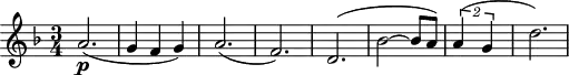 
\header {
  tagline = ##f
}

\score {
  \new Staff \with {

  }
<<
  \relative c'' {
    \clef treble
    \key f \major
    \time 3/4
    \tempo 4 = 135
    \set Score.currentBarNumber = #5
    \set Staff.midiInstrument = #"string ensemble 1"

     %%% AB 7-3 th2
     a2.\p( g4 f g) a2.( f) d( bes'2~ bes8 a) \times 3/2 { a4( g } d'2.)

  }
>>
  \layout {
    \context { \Score \remove "Metronome_mark_engraver"
    }
  }
  \midi {}
}
