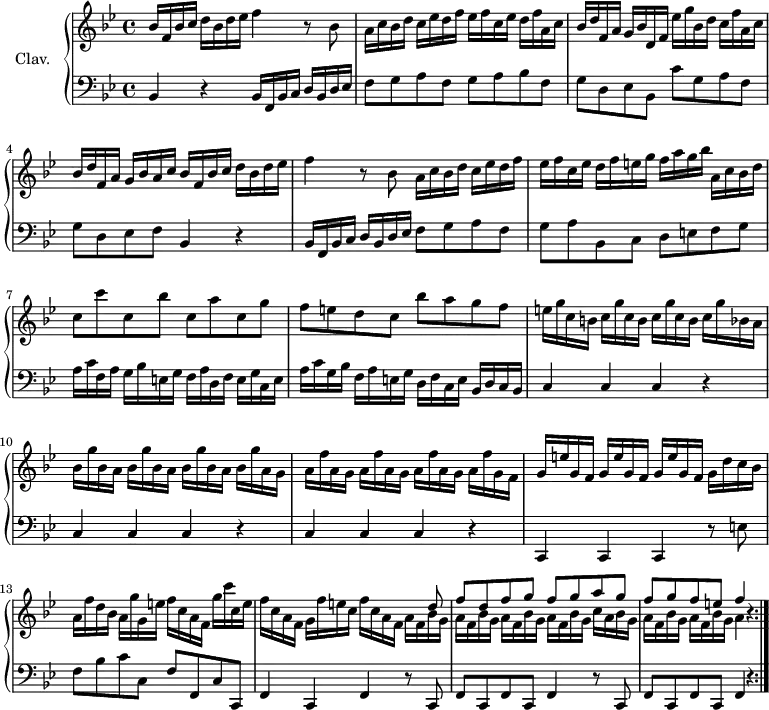 
\version "2.18.2"
\header {
  tagline = ##f
  % composer = "Domenico Scarlatti"
  % opus = "K. 70"
  % meter = ""
}

%% les petites notes
%trillBesp     = { \tag #'print { bes4.\prall } \tag #'midi { c32 bes c bes~ bes4 } }

upper = \relative c'' {
  \clef treble 
  \key bes \major
  \time 4/4
  \tempo 4 = 102
  \set Staff.midiInstrument = #"harpsichord"
  \override TupletBracket.bracket-visibility = ##f

  \repeat volta 2 {
      %s8*0^\markup{Allegro}
      bes16 f bes c d bes d ees f4 r8 bes,8 | a16 c bes d c ees d f ees f c ees d f a, c |
      % ms. 3
      bes16 d f, a g bes d, f ees' g bes, d c f a, c | bes d f, a g bes a c bes f bes c d bes d ees | f4 r8 bes,8 a16 c bes d c ees d f | 
      % ms. 6
      ees16 f c ees d f e g f a g bes| a, c bes d | c8 c' c, bes' c, a' c, g' | f e d c bes' a g f |
      % ms. 9
      e16 g c, b \repeat unfold 2 { c g' c, b } c g' bes, a | \repeat unfold 3 { bes g' bes, a } bes g' a, g | \repeat unfold 3 { a f' a, g } a f' g, f 
      % ms. 12
      \repeat unfold 3 { g16 e' g, f } g16 d' c bes | a f' d bes a g' g, e' f c a f g' c c, e | f c a f g f' e c f c a f 
      % ms. 14 suite
      << { s8 d'8 | f d f g f g a g | f g f e f4 b,4\rest } \\ { \repeat unfold 4 { a16 f bes g } c a bes g \repeat unfold 2 { a16 f bes g } a4 } >> }%repet

}

lower = \relative c' {
  \clef bass
  \key bes \major
  \time 4/4
  \set Staff.midiInstrument = #"harpsichord"
  \override TupletBracket.bracket-visibility = ##f

  \repeat volta 2 {
    % ************************************** \appoggiatura a16  \repeat unfold 2 {  } \times 2/3 { }   \omit TupletNumber 
      bes,4 r4 bes16 f bes c d bes d ees | f8  g a f g a bes f |
      % ms. 3
      g8 d ees bes c' g a f | g d ees f bes,4 r4 | bes16 f bes c d bes d ees f8  g a f |
      % ms. 6
      g8 a bes, c d e f g  | a16 c f, a g bes e, g f a d, f e g c, e | a c g bes f a e g d f c e bes d c bes |
      % ms. 9
      \repeat unfold 3 { c4 c c r4 } | c,4 c c r8 e'8 | f bes c c, f f, c' c, | f4 c f r8 c8 |
      % ms. 12
      f8 c f c f4 r8 c8 | f c f c f4 r4 }%repet
      % ms. 15
      

}

thePianoStaff = \new PianoStaff <<
    \set PianoStaff.instrumentName = #"Clav."
    \new Staff = "upper" \upper
    \new Staff = "lower" \lower
  >>

\score {
  \keepWithTag #'print \thePianoStaff
  \layout {
      #(layout-set-staff-size 17)
    \context {
      \Score
     \override SpacingSpanner.common-shortest-duration = #(ly:make-moment 1/2)
      \remove "Metronome_mark_engraver"
    }
  }
}

\score {
  \unfoldRepeats 
  \keepWithTag #'midi \thePianoStaff
  \midi { }
}
