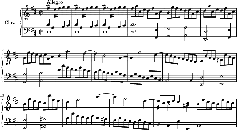 \version "2.18.2"
\header {
tagline = ##f
% composer = "Domenico Scarlatti"
% opus = "K. 511"
% meter = "Allegro"
}
%% les petites notes
trillFisp = { \tag #'print { fis4.\prall } \tag #'midi { g32 fis g fis~ fis4 } }
upper = \relative c'' {
\clef treble
\key d \major
\time 2/2
\tempo 2 = 92
\set Staff.midiInstrument = #"harpsichord"
\override TupletBracket.bracket-visibility = ##f
s8*0^\markup{Allegro}
\repeat unfold 3 { \trillFisp e16 fis g4 g } | fis8 a cis, e d fis a, cis |
% ms. 5
b8 g' fis e d e a, cis | d a' cis, e d fis a, cis | b g' fis e d e a, cis | d4 a'2 fis4~ | fis d2 b4~ |
% ms. 10
b4 g'2 e4~ | e8 d cis b a g fis e | fis d' b a gis e' cis b | a fis' d cis b b' e, d |
% ms. 14
cis4 e2 a4~ | a fis2 << { \stemDown d4~ \stemUp | d8 b cis d cis4 b } \\ { s4 r4 a2 gis4 } >> | a8 e' cis b a e' cis b |
% ms. 18
}
lower = \relative c' {
\clef bass
\key d \major
\time 2/2
\set Staff.midiInstrument = #"harpsichord"
\override TupletBracket.bracket-visibility = ##f
% ************************************** \appoggiatura a16 \repeat unfold 2 { } \times 2/3 { } \omit TupletNumber
\repeat unfold 3 { << { d4 a b cis } \\ { d,1 } >> } | < d d' >2. < fis, fis' >4
% ms. 5
< g g' >2 < a a' > | < d, d' >2. < fis fis' >4 | < g g' >2 < a a' > | d'8 a' fis e d fis d cis | b d b a g b g fis |
% ms. 10
e8 g e d cis e cis b | a2. a4 | < d, d' >2 < e e' > | < fis fis' > < gis gis' >
% ms. 14
a'8 e' cis b a cis a gis | fis a fis e d fis d cis | b4 a e' e, | a1 |
% ms. 18
}
thePianoStaff = \new PianoStaff <<
\set PianoStaff.instrumentName = #"Clav."
\new Staff = "upper" \upper
\new Staff = "lower" \lower
>>
\score {
\keepWithTag #'print \thePianoStaff
\layout {
#(layout-set-staff-size 17)
\context {
\Score
\override SpacingSpanner.common-shortest-duration = #(ly:make-moment 1/2)
\remove "Metronome_mark_engraver"
}
}
}
\score {
\keepWithTag #'midi \thePianoStaff
\midi { }
}