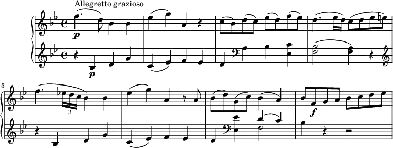 
\version "2.18.2"
\header {
  tagline = ##f
}
upper = \relative c' {
         \clef "treble"
         \tempo "Allegretto grazioso"
         \key bes \major
         \time 2/2
         \tempo 4 = 140
      f'4. \p ^\markup {Allegretto grazioso} (d8) bes4 bes
      ees (g) a, r
      c8 (bes) d (c) ees (d) f (ees)
      d4. (ees16 d) c8 (d ees e)
      f4.(\tuplet 3/2 {ees!16 d c} bes4) bes
      ees (g) a, r8 a
      bes (d) g, (c) bes4 (a)
      bes8 f \f  g a bes c d ees

}

lower =\relative c {
         \clef "bass"
         \key bes \major
         \time 4/4
       \clef "treble"
       r4 bes' \p d g
       c, (ees) f ees
       d \clef "bass"  a bes <ees, c'>
       <f bes>2 (<f a>4) r
        \clef "treble"   r4 bes  d g
       c, (ees) f ees
       d \clef "bass"  <ees, ees'> <<{\stemDown f2} \\  {\stemUp d'4^  (c)}>>
       bes4 r r2
  }
\score {
  \new PianoStaff <<
    \new Staff = "upper" \upper
    \new Staff = "lower" \lower
  >>
  \layout {
    \context {
      \Score
      \remove "Metronome_mark_engraver"
    }
  }
  \midi { }
}
