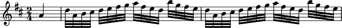 
\header {
  tagline = ##f
}

\score {
  \new Staff \with {

  }
<<
  \relative c'' {
    \key d \major
    \time 2/4
    \override TupletBracket #'bracket-visibility = ##f 
    \autoBeamOff

     %%%%%%% K15o
     \partial 4 a4 d32[ a b cis] d[ e fis g] a[ fis e d] b'[ g fis e] d[ a b cis] d[ e fis g] a[ fis e d] b'[ g fis e]
     
  }
>>
  \layout {
    \context {
      \remove "Metronome_mark_engraver"
    }
  }
  \midi {}
}
