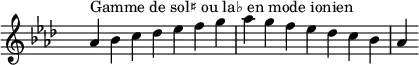 
\relative c'' { 
  \key aes \ionian
  \clef treble \time 7/4 \hide Staff.TimeSignature aes4^\markup { Gamme de sol♯ ou la♭ en mode ionien } bes c des ees f g aes g f ees des c bes aes
}
