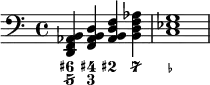<<\new Staff \relative{\clef bass<d, f aes b>4<f aes b d><aes b d f> <b d f aes> <c ees g>1}
\figures {<6+ 5/>4<4+ 3><2+><7/> <_->1}>>