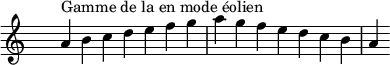 
\relative c'' { 
  \key a \aeolian
  \clef treble \time 7/4 \hide Staff.TimeSignature a4^\markup { Gamme de la en mode éolien } b c d e f g a g f e d c b a
}
