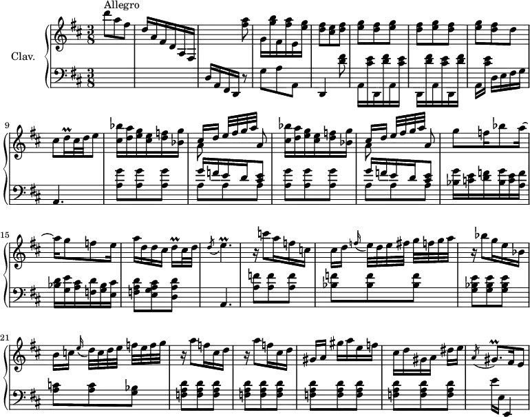 
\version "2.18.2"
\header {
  tagline = ##f
}

%% les petites notes
trillD     = { \tag #'print { d16\prall } \tag #'midi { e64 d a d } }
trillE     = { \tag #'print { \acciaccatura d8 e4.\prall } \tag #'midi { e32 d e d cis d e16~ e8 } } % 3*8 ou 6*16
trillG     = { \tag #'print { \acciaccatura a,8 gis8.\prall } \tag #'midi { a32 gis a gis~ gis } }

upper = \relative c'' {
  \clef treble 
  \key d \major
  \time 3/8
  \tempo 4. = 54
  \set Staff.midiInstrument = #"harpsichord"

   d'8^\markup{Allegro} a fis | d16 a fis d a fis | s8 s8 < fis'' a >8 | g,16 < g' b > fis, < fis' a > e, < e' g > | < d fis >8 < cis e > < d fis >  \repeat unfold 4 { < e g >8 < d fis > } d8 | cis8 \trillD cis32 d \tempo 4. = 40 e8 | \tempo 4. = 54 \repeat unfold 2 { < cis bes' >16 < d a' > < e g > < cis e > < d f > < bes g' > | << { cis16 d  e32[ fis g a] a,8 } \\ { a8 } >> }
   % ms. 14
   g'8 f16 bes8 a16~ | a16 g8 f e16 | a[ d, d cis] \trillD cis32 d \trillE | \tempo 4. = 40 r16 \tempo 4. = 54 c'8 a16 f c | 
   % ms. 19 
   cis16[ d] \appoggiatura f16 e32 d e fis g[ f g a] | r16 bes8 g16 e bes | b16[ c] \appoggiatura e16 d32 c d e f[ e f g] | \repeat unfold 2 { r16 a8 f16 cis d } | 
   % ms 24
   gis,16[ a] gis' a e f | cis d gis, a dis[ e] \trillG fis16 e8 |

}

lower = \relative c {
  \clef bass
  \key d \major
  \time 3/8
  \set Staff.midiInstrument = #"harpsichord"

    % **************************************
    s4. s4. | d16 a fis d r8 | g'8 a a, | d,4 < d'' fis >8 | \repeat unfold 3 { a,16 < cis' e > d,, < d'' fis > } | 
    % ms. 8
    a,16 < cis' e > d,[ e fis g] | a,4. | \repeat unfold 2 { < a' g' >8 q q | << { g'16 f e d < cis e >8 } \\ { a8 a a } >> }
    % ms. 14
    < bes g' >16 < c e > < d f > < bes g' > < c e > < a f' > | < bes d > < g e' > < a cis > < f d' > < g bes > < e cis' > | < f a d >8 < e g a cis > < d a' d > | a4. | < a' f' >8 q q
    % ms. 19
    < bes f' >8-\tweak stencil ##f \p q q | < g bes e >8 q q | < a c >8 q < g bes > | \repeat unfold 12 { < f a d >8 } | e'16 e, e,4 | 

} 

thePianoStaff = \new PianoStaff <<
    \set PianoStaff.instrumentName = #"Clav."
    \new Staff = "upper" \upper
    \new Staff = "lower" \lower
  >>

\score {
  \keepWithTag #'print \thePianoStaff
  \layout {
      #(layout-set-staff-size 17)
    \context {
      \Score
     \override SpacingSpanner.common-shortest-duration = #(ly:make-moment 1/2)
      \remove "Metronome_mark_engraver"
    }
  }
}

\score {
  \keepWithTag #'midi \thePianoStaff
  \midi { }
}
