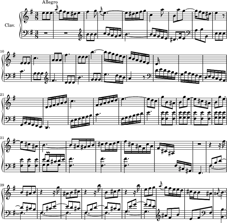 
\version "2.18.2"
\header {
  tagline = ##f
  % composer = "Domenico Scarlatti"
  % opus = "K. 233"
  % meter = "Allegro"
}

%% les petites notes
appoBp        = { \tag #'print { \appoggiatura ais16 b4. } \tag #'midi {   \tempo 4. = 60 ais8   \tempo 4. = 50 b8   \tempo 4. = 76 } }
trillDqq      = { \tag #'print { d16\prall } \tag #'midi { \times 2/3 { d32 e d } } }

upper = \relative c'' {
  \clef treble 
  \key e \minor
  \time 3/8
  \tempo 4. = 76
  \set Staff.midiInstrument = #"harpsichord"
  \override TupletBracket.bracket-visibility = ##f

      s8*0^\markup{Allegro}
      e8 e e | \appoggiatura a16 g8 fis16 e dis e | fis4 g8 | \appoggiatura fis16 e4.~ | e16 dis e fis g8 | c,4 a'8 |
      % ms. 7
      b,8 a' g~ | g16 fis8 e dis16 | e4 r8 | e,8 e e | c'4. | a8 a a | fis'4. | d8 d d |
      % ms. 15
      b'4.~ | b16 a g fis e d | c b a g fis e | { \tag #'print d16 \tag #'midi r16 } s16 s8 s8 | s4.*3 |
      % ms. 22
      d16 e fis g a b | c4.~ | fis,16 g a b c d | e4.~ | e8 d c | g' b, ais | b g' e~ |
      % ms. 29
      e8 cis ais | b g' e~ | e cis ais | b4.~ | b8 ais16 gis ais b | cis8 d16 cis d e | fis cis ais fis cis' ais |
      % ms. 36
      fis16[ cis ais]  s16 s8 | R4. | r4 r16 fis''16 | b,8 ais b | r4 r16 g'16 | ais,8 b cis | r4 r16 b'16 | b,8 cis d |
      % ms. 44
      r4 r16 b'16 | e,8 fis g | \appoggiatura a16 g8 fis16 e e d | cis b b8 ais | \appoBp |

}

lower = \relative c' {
  \clef bass
  \key e \minor
  \time 3/8
  \set Staff.midiInstrument = #"harpsichord"
  \override TupletBracket.bracket-visibility = ##f

    % ************************************** \appoggiatura a16  \repeat unfold 2 {  } \times 2/3 { }   \omit TupletNumber 
      R4.*2 |   \clef treble  b'8 b b | c b16 a g a | b4.~ | b8 a16 g fis e |
      % ms. 7
      dis8. fis16 e8 |   \clef bass a,8 b b, | e e e | c'4. | a8 a a | \clef treble  fis'4. | d8 d d | b'4. |
      % ms. 15
      g8 g g | e'8. d16 c b | a4 r8 | \clef bass d,16 e d c b a | g b a g fis e | d e d c b a | g b a g fis e | 
      % ms. 22
      d4. | d'16 e fis g a b | c4. | fis,16 g a b c d | e4. | < fis, e' >8 q q | \repeat unfold 2 { < g e' >8 q q |
      % ms. 29
      < fis e' > q q } | << { e'8 \trillDqq cis16 d e } \\ { g,8 g g } >> | \repeat unfold 3 { < fis fis' >4. }
      % ms. 36
      s8 s16 fis16 cis ais | fis4. | 
      << { fis'8 b d~ | d cis b | fis cis' e~ | e d cis | fis, b d~ | d cis b | g e' g~ | g fis e } 
      \\ { \mergeDifferentlyDottedOn  \repeat unfold 3 { fis,4.~ fis } g4.~ g } >> \clef treble 
      % ms. 46
      ais'8 fis b | e, fis \clef bass fis, | < b, b' >4. |

}

thePianoStaff = \new PianoStaff <<
    \set PianoStaff.instrumentName = #"Clav."
    \new Staff = "upper" \upper
    \new Staff = "lower" \lower
  >>

\score {
  \keepWithTag #'print \thePianoStaff
  \layout {
      #(layout-set-staff-size 17)
    \context {
      \Score
     \override SpacingSpanner.common-shortest-duration = #(ly:make-moment 1/2)
      \remove "Metronome_mark_engraver"
    }
  }
}

\score {
  \keepWithTag #'midi \thePianoStaff
  \midi { }
}
