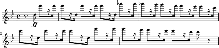 
<<
\relative c'' {
    \version "2.18.2"
    \key bes \major
    \time 4/4
    \tempo ""
    \partial2 r8. d16\ff f'8[ r16 f]
        f8[ r16 d,] f'8[ r16 f] f8[ r16 d,] aes''8[ r16 aes]
        aes8[ r16 g] g8[ r16 f] f8[ r16 es] es8[ r16 d]
        es8[ r16 es,] es'8[ r16 es] es8[ r16 es,] g'8[ r16 g]
        g8[ r16 f] f8[ r16 es] es8[ r16 d] d8 | r8
}
>>

