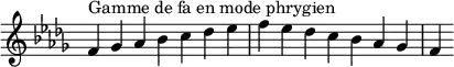 {
\override Score.TimeSignature #'stencil = ##f
\relative c' {
\key f \phrygian
\clef treble \time 7/4
f4^\markup { Gamme de fa en mode phrygien } ges aes bes c des es f es des c bes aes ges f
} }