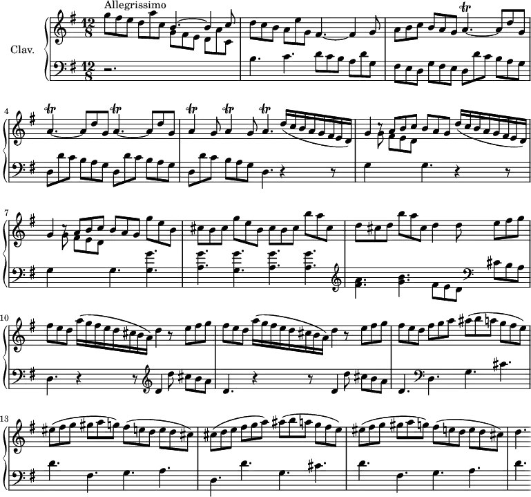 \version "2.18.2"
\header {
tagline = ##f
% composer = "Domenico Scarlatti"
% opus = "K. 103"
% meter = "Allegrissimo"
}
%% les petites notes
trillAp = { \tag #'print { a4.\trill~ } \tag #'midi { b32 a b a~ a4~ } }
trillA = { \tag #'print { a4\trill } \tag #'midi { b32 a b a~ a8 } }
upper = \relative c'' {
\clef treble
\key g \major
\time 12/8
\tempo 4. = 110
\set Staff.midiInstrument = #"harpsichord"
\override TupletBracket.bracket-visibility = ##f
\omit TupletNumber
s8*0^\markup{Allegrissimo}
g'8 fis e d a' c, \stemUp b4.^~ b4 c8 \stemNeutral | d8 c b a e' g, fis4.~ fis4 g8 | a8 b c b a g \repeat unfold 3 { \trillAp a8 d g, } |
% ms. 5
\repeat unfold 2 { \trillA g8 } \trillAp \repeat unfold 2 { \times 6/8 { d16( c b a g fis e d) } | g4 c8\rest \stemUp a b c b a g } \stemNeutral g'8 e b
% ms. 8
cis8 b cis g' e b cis b cis b' a cis, d cis d b' a cis, d4 d8 \repeat unfold 2 { e fis g |
% ms. 10
fis8 e d \times 6/8 { a'16( g fis e d cis b a) } d4 r8 } e8 fis g | fis e d fis g a ais( b a g fis e) |
% ms. 13
eis8( fis g gis a g) fis( e d e d cis) | cis( d e fis g a) ais( b a g fis e) | eis8( fis g gis a g) fis( e d e d cis) |
% ms. 16
d4.
}
lower = \relative c' {
\clef bass
\key g \major
\time 12/8
\set Staff.midiInstrument = #"harpsichord"
\override TupletBracket.bracket-visibility = ##f
% ************************************** \appoggiatura \repeat unfold 2 { } \times 2/3 { }
r2. \stemDown \change Staff = "upper" g'8 fis e d a' c, | \change Staff = "lower" b4. c d8 c b a d g, | fis e d g fis e \repeat unfold 4 { d d' c b a g } |
% ms. 5
d4. r4 r8 | g4 \stemDown \change Staff = "upper" g'8 fis e d \change Staff = "lower" g,4. r4 r8 |
% ms. 7
g4 \stemDown \change Staff = "upper" g'8 fis e d \change Staff = "lower" g,4. \repeat unfold 2 { < g g' >4. | < a g' > } < a g' >4. | \clef treble < fis' a >4. < g b > fis8 e d \clef bass cis b a | \stemNeutral
% ms. 10
d,4. \repeat unfold 2 { r4 r8 \clef treble d'4 d'8 cis b a d,4. } \clef bass d,4. g cis |
% ms. 13
d4. fis, g a | d, d' g, cis d | fis, g a | d
}
thePianoStaff = \new PianoStaff <<
\set PianoStaff.instrumentName = #"Clav."
\new Staff = "upper" \upper
\new Staff = "lower" \lower
>>
\score {
\keepWithTag #'print \thePianoStaff
\layout {
#(layout-set-staff-size 17)
\context {
\Score
\override SpacingSpanner.common-shortest-duration = #(ly:make-moment 1/2)
\remove "Metronome_mark_engraver"
}
}
}
\score {
\keepWithTag #'midi \thePianoStaff
\midi { }
}