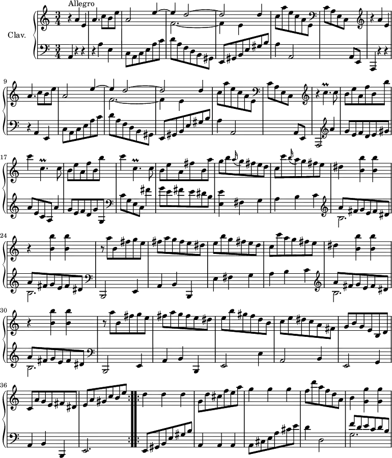 \version "2.18.2"
\header {
tagline = ##f
% composer = "Domenico Scarlatti"
% opus = "K. 451"
% meter = "Allegro"
}
%% les petites notes
trillCpUpUp = { \tag #'print { c''4.\prall } \tag #'midi { d32 c d c~ c4 } }
trillCpDown = { \tag #'print { c,4.\prall } \tag #'midi { d32 c d c~ c4 } }
upper = \relative c'' {
\clef treble
\key a \minor
\time 3/4
\tempo 4 = 126
\set Staff.midiInstrument = #"harpsichord"
\override TupletBracket.bracket-visibility = ##f
\repeat volta 2 {
s8*0^\markup{Allegro}
\repeat unfold 2 { r4 a4 e | a4. c8 b e | a,2 << { e'4^~ | e4 d2~ | d d4 }
\\ { s4 | f,2.~ | f4 e } >> | c'8 a' e c a e | \clef bass
% ms. 14
c8 a e c s4 \clef treble } r4 \trillCpUpUp c8 | \repeat unfold 2 { b8 e a, f' b, b' |
% ms. 19
c4 \trillCpDown c8 } | b8 e a, fis' b, a' | g b \appoggiatura a16 g8 fis e d | c c' \appoggiatura b16 a8 g fis e | dis4 < b b' >4 q | r4 q q |
% ms. 25
r8 a'8 b, fis' g e | fis a g fis e dis | e b' g fis e d | c c' a g fis e | dis4 < b b' >4 q | r4 q q |
% ms. 31
r8 a'8 b, fis' g e | fis a g fis e dis | e b' gis f d b | c e dis c a fis | g b g e b d | c a' g e fis dis |
% ms. 37
e8 a gis c b e }%repet
% ms. 38
\bar ":..:"
d4 d d |g,8 d' cis f e a | g4 g g | f8 d' a f d a | b4 < g g' > q |
}
lower = \relative c' {
\clef bass
\key a \minor
\time 3/4
\set Staff.midiInstrument = #"harpsichord"
\override TupletBracket.bracket-visibility = ##f
\repeat volta 2 {
% ************************************** \appoggiatura a16 \repeat unfold 2 { } \times 2/3 { } \omit TupletNumber
a,4 r4 r4 | r4 a'4 e | c8 a c e a c | d a f d b gis | e gis b e gis b | a4 a,2 |
% ms. 7
s2 a8 e | a,4 r4 r4 | r4 a'4 e | c'8 a c e a c | d a f d b gis | e gis b e gis b |
% ms. 13
a4 a,2 | s2 a8 e | a,2 \clef treble a'''4 | g8 e f d e gis | a e c a a'4 | g8 e f d g g, \clef bass |
% ms. 19
c8 g e c fis'4 | g8 e fis e dis b | < e, e' >4 fis g | a b c | \clef treble \repeat unfold 2 { << { a'8 fis g e fis dis } \\ { b2. } >> } \clef bass |
% ms. 25
b,,2 e4 | a b b, | e' fis g a b c | \clef treble \repeat unfold 2 { << { a'8 fis g e fis dis } \\ { b2. } >> } \clef bass |
% ms. 31
b,,2 e4 | a b b, | e2 e'4 | a,2 b4 | e,2 g4 | a b b, |
% ms. 37
e2. }%repet
% ms. 38
e8 gis b e gis b | a,4 a a | a8 cis e a cis e | d4 d,2 | << { f'8 d e c d b } \\ { g2. } >>
}
thePianoStaff = \new PianoStaff <<
\set PianoStaff.instrumentName = #"Clav."
\new Staff = "upper" \upper
\new Staff = "lower" \lower
>>
\score {
\keepWithTag #'print \thePianoStaff
\layout {
#(layout-set-staff-size 17)
\context {
\Score
\override SpacingSpanner.common-shortest-duration = #(ly:make-moment 1/2)
\remove "Metronome_mark_engraver"
}
}
}
\score {
\unfoldRepeats
\keepWithTag #'midi \thePianoStaff
\midi { }
}