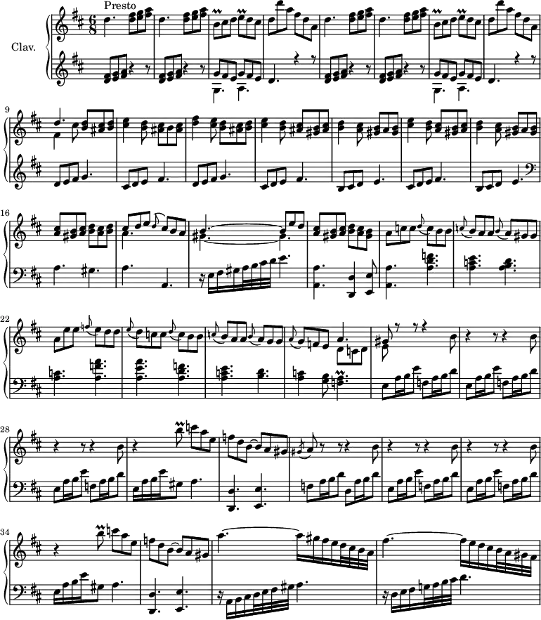 \version "2.18.2"
\header {
tagline = ##f
}
%% les petites notes
trillBup = { \tag #'print { b'8\prall } \tag #'midi { c32 b c b } }
trillBdn = { \tag #'print { b,8\prall } \tag #'midi { c32 b c b } }
trillBdncis = { \tag #'print { b,8\prall } \tag #'midi { cis32 b cis b } }
trillE = { \tag #'print { e8\prall } \tag #'midi { fis32 e fis16 } }
trillAq = { \tag #'print { < f a\prall >4. } \tag #'midi { << { b32 a b a~ a4 } \\ { f4. } >> } }
upper = \relative c'' {
\clef treble
\key d \major
\time 6/8
\tempo 4. = 110
\set Staff.midiInstrument = #"harpsichord"
s8*0^\markup{Presto}
\repeat unfold 2 {
\repeat unfold 2 { d4. < d fis >8 < e g > < fis a > } | \trillBdncis cis8 d \trillE d8 cis | d d' a fis d a |
}
% ms. 9
<< { d4. < b d >8 < ais cis > < b d > } \\ { fis4 cis'8 } >> | < cis e >4 < b d >8 < ais cis > b < ais cis> |
% ms. 11
< d fis >4 < cis e >8 < b d > < ais cis > < b d > | < cis e >4 < b d >8 < ais cis > < gis b > < ais cis > | < b d >4 < a cis >8 < gis b > a < gis b > | < cis e >4 < b d >8 < a cis > < gis b > < a cis > | < b d >4 < a cis >8 < gis b > a < gis b > |
% ms. 16
< a cis >8 < gis b > < a cis > < b d > < a cis > < b d > | << { cis8 d e \appoggiatura d8 cis8 b a | b4.~ b8 e d } \\ { a4. s4. | gis4.~ gis } >> | < a cis >8 < gis b > < a cis > < b d > < a cis > < gis b > | \tempo 4. = 96 a8 c c \appoggiatura d8 c b b |
% ms. 21
\tempo 4. = 110 \appoggiatura c8 b a a \appoggiatura b8 a gis gis | a e' e \appoggiatura f8 e d d | \appoggiatura e8 d c c \appoggiatura d8 c b b | \appoggiatura c8 b a a \appoggiatura b8 a g g | \appoggiatura a8 g f e << { a4. } \\ { d,8 c d } >> |
% ms. 26
<< { gis8 r8 r8 r4 \stemDown b8 } \\ { e,8 } >> | \repeat unfold 2 { r4 r8 r4 b'8 } | r4 \trillBup c8 a e | f d b~ b a \tempo 4. = 96 gis |
% ms. 31
\acciaccatura gis8 \tempo 4. = 110 a8 r8 r8 r4 b8 | \repeat unfold 2 { r4 r8 r4 b8 } | r4 \trillBup c8 a e |
% ms. 35
f8 d b~ b a gis | a'4.~ a16 gis fis e d32 cis b a | fis'4.~ fis16 e d cis b32 a gis fis |
}
lower = \relative c' {
\clef bass
\key d \major
\time 6/8
\omit Staff.TimeSignature
\set Staff.midiInstrument = #"harpsichord"
% **************************************
\clef treble
\repeat unfold 2 {
\repeat unfold 2 { < d fis >8 < e g > < fis a > r4 r8 } | << { \repeat unfold 2 { g8 fis e } d4. r4 r8 } \\ { g,4. a } >>
}
\repeat unfold 2 { d8 e fis g4. | cis,8 d e fis4. } | b,8 cis d e4. | cis8 d e fis4. | b,8 cis d e4. |
% ms. 16
\clef bass a,4. gis | a a, | r16 e'16 fis gis a32 b cis d e4. | < a,, a' >4. < d, d' >4 < e e' >8 | < a a' >4. < a' d f > |
% ms. 21
< a c e >4. < a b d > | < a c > < a f' a > < a e' a > < a d f > | < a c e > < b d > | < a c >4 < g b >8 \trillAq
% ms. 26
\repeat unfold 3 { e8 a16 b e8 f,8 a16 b d8 } | e,16 a b e gis,8 a4. | < d,, d' >4. < e e' > |
% ms. 31
f'8 a16 b d8 d, a'16 b d8 | \repeat unfold 2 { e,8 a16 b e8 f,8 a16 b d8 } | e,16 a b e gis,8 a4. |
% ms. 35
< d,, d' >4. < e e' > | r16 a16 b cis d32 e fis gis a4. | r16 d,16 e fis g!32 a b cis d4. |
}
thePianoStaff = \new PianoStaff <<
\set PianoStaff.instrumentName = #"Clav."
\new Staff = "upper" \upper
\new Staff = "lower" \lower
>>
\score {
\keepWithTag #'print \thePianoStaff
\layout {
#(layout-set-staff-size 17)
\context {
\Score
\override SpacingSpanner.common-shortest-duration = #(ly:make-moment 1/2)
\remove "Metronome_mark_engraver"
}
}
}
\score {
\keepWithTag #'midi \thePianoStaff
\midi { }
}