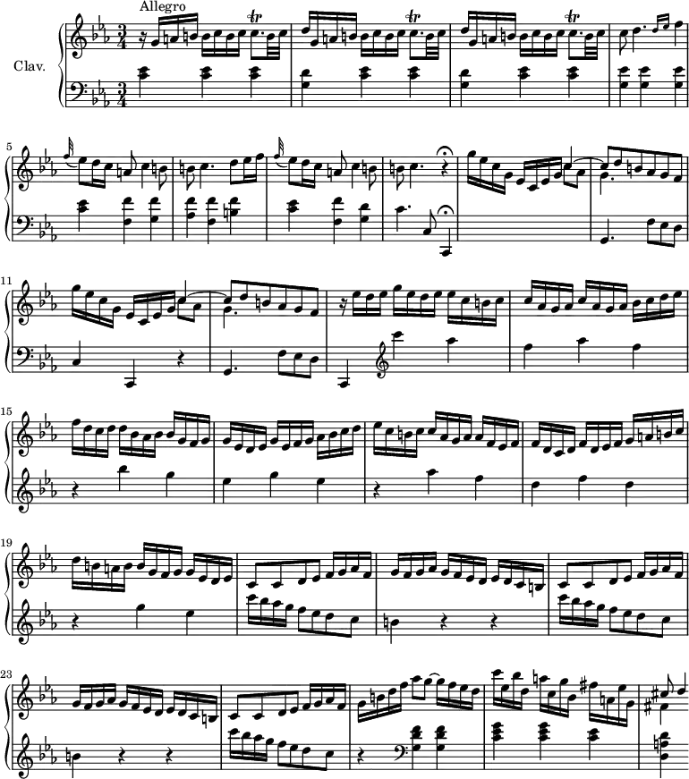 \version "2.18.2"
\header {
tagline = ##f
% composer = "Domenico Scarlatti"
% opus = "K. 99"
% meter = "Allegro"
}
%% les petites notes
trillcqp = { \tag #'print { c8.\trill } \tag #'midi { d32 c d c~ c16 } }
upper = \relative c'' {
\clef treble
\key c \minor
\time 3/4
\tempo 4 = 90
\set Staff.midiInstrument = #"harpsichord"
\override TupletBracket.bracket-visibility = ##f
s8*0^\markup{Allegro}
r16 \repeat unfold 2 { g16 a b b c b c \trillcqp b32 c d16 } | g,16 a b b c b c \trillcqp b32 c
% ms. 4 suite
c8 d4. \grace { \tempo 4 = 60 d16 ees } \tempo 4 = 90 f4 | \appoggiatura f32 ees8 d16 c a8 c4 b8 | b c4. d8 ees16 f | \appoggiatura f32 ees8 d16 c a8 c4 b8 |
% ms. 8
b8 c4. r4\fermata | \repeat unfold 2 { g'16 ees c g ees c ees g << { c4~ | c8 d b aes g f } \\ { c'8 aes | g4. } >> }
% ms. 13
r16 ees'16 d ees g ees d ees ees c b c | \repeat unfold 2 { c aes g aes } bes c d ees | f d c d d bes aes bes bes g f g |
% ms. 16
g16 ees d ees g ees f g aes bes c d | ees c b c c aes g aes aes f ees f | f d c d f d ees f g a b c | d b a b b g f g g ees d ees |
% ms. 20
\repeat unfold 2 { c8 c d ees f16 g aes f | g f g aes g f ees d ees d c b } |
% ms. 24
c8 c d ees f16 g aes f | g16 b d f aes8 g~ g16 f ees d | c'16 ees, bes' d, a' c, g' bes, fis' a, ees' g, | << { cis8 d4*1/2 } \\ { fis,4 } >>
}
lower = \relative c' {
\clef bass
\key c \minor
\time 3/4
\set Staff.midiInstrument = #"harpsichord"
\override TupletBracket.bracket-visibility = ##f
% ************************************** \appoggiatura \repeat unfold 2 { } \times 2/3 { }
\repeat unfold 3 { < c ees >4 } | \repeat unfold 2 { < g d' >4 \repeat unfold 2 { < c ees >4 } }
% ms. 4
\repeat unfold 3 { < g ees' >4 } | < c ees >4 < f, f' > < g f' > | < aes f' > < f f' > < b f' > | < c ees > < f, f' > < g d' >
% ms. 8
c4. c,8 c,4\fermata | s2. | g'4. f'8 ees d | c4 c, r4 |
% ms. 12
g'4. f'8 ees d | c,4 \clef treble c''''4 aes | f aes f | r4 bes g |
% ms. 16
ees g ees | r4 aes f | d f d | r4 g ees
% ms. 20
\repeat unfold 2 { c'16 bes aes g f8 ees d c | b4 r4 r4 } |
% ms. 24
c'16 bes aes g f8 ees d c | r4 \clef bass < g, d' f > q | < c ees g > q < c ees > | < d, a' d >4
}
thePianoStaff = \new PianoStaff <<
\set PianoStaff.instrumentName = #"Clav."
\new Staff = "upper" \upper
\new Staff = "lower" \lower
>>
\score {
\keepWithTag #'print \thePianoStaff
\layout {
#(layout-set-staff-size 17)
\context {
\Score
\override SpacingSpanner.common-shortest-duration = #(ly:make-moment 1/2)
\remove "Metronome_mark_engraver"
}
}
}
\score {
\keepWithTag #'midi \thePianoStaff
\midi { }
}