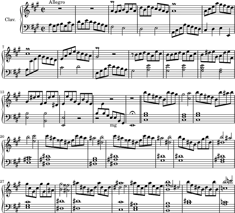 
\version "2.18.2"
\header {
  tagline = ##f
  % composer = "Domenico Scarlatti"
  % opus = "K. 368"
  % meter = "Allegro"
}

%% les petites notes
trillA       = { \tag #'print { a4\prall } \tag #'midi { b16 a b a } }
trillAr      = { \tag #'print { a1\prall } \tag #'midi { b16 a b a~ a2. } }
trillCisr    = { \tag #'print { cis1\prall } \tag #'midi { d16 cis d cis~ cis2. } }
trillGisb    = { \tag #'print { gis2\prall } \tag #'midi { a16 gis a gis~ gis4 } }

upper = \relative c'' {
  \clef treble 
  \key a \major
  \time 2/2
  \tempo 2 = 100
  \set Staff.midiInstrument = #"harpsichord"
  \override TupletBracket.bracket-visibility = ##f

      s8*0^\markup{Allegro}
      R1*2 | \trillA gis8 a b gis cis a | d b e d cis b a gis |
      % ms. 5
      \trillAr | a8 cis e a gis fis e d | \trillCisr | e,8 a cis e d cis b a |
      % ms. 9
      \trillGisb  r2 | r8 b8 cis d cis a e' cis | b b cis d cis e a, cis | b dis e gis, a dis e fis, |
      % ms. 13
      gis8 dis' e e, fis dis' e dis, | e e' b gis e b' gis e | \stemUp  \change Staff = "lower" b \stemDown \change Staff = "upper" e \stemUp  \change Staff = "lower" b \stemUp  \change Staff = "lower" gis  \stemNeutral  \change Staff = "upper"  r2 | r1 |
      % ms. 17
      b''8 gis eis d b b' a gis | gis2 < cis, a' > | b'8 gis eis d b b' ais b | b2 < e, cis' > |
      % ms. 21
      \repeat unfold 2 { cis'8 ais fisis dis fisis cis' b ais | ais2 < dis, b' > }
      % ms. 25
      b'8 gis dis b dis gis b dis, | << { b'2 ais } \\ { dis,1 } >> | gis8 cis, gis cis gis' gis, gis' ais, | < b gis' >2 < ais fisis' > | ais'8 dis, ais dis ais' dis, ais dis | 
      % ms. 30
      << { ais'1 } \\ { dis,2 e } >> | ais8 e cis e ais e cis e | << { e2 dis } \\ { < b fis' b >1 } >> | b'8 fis dis b dis b b' b, | << { b'2 c } \\ { c,1 } >>

}

lower = \relative c' {
  \clef bass
  \key a \major
  \time 2/2
  \set Staff.midiInstrument = #"harpsichord"
  \override TupletBracket.bracket-visibility = ##f

    % ************************************** \appoggiatura a16  \repeat unfold 2 {  } \times 2/3 { }   \omit TupletNumber 
      a4 gis8 a b gis cis a | d b e d cis b a gis | fis2 e | d e |
      % ms. 5
      a,8 cis e a gis fis e d | cis4 d e e, | a'8 \stemDown \change Staff = "upper"   cis e a gis fis e d | \stemNeutral \change Staff = "lower" cis2 d |
      % ms. 9
      e,8 gis b e d cis b a | gis2 < a e' >2 | < gis e' > < a e' > | < gis b e > < fis a > |
      % ms. 13
      < e b' >2 < b b' > | < e, e' > r2 | r2 e'8_\markup{mg} e b gis | e1\fermata  \bar "||"
      % ms. 17
      < cis' gis' b >1 | < cis fis a > | < cis gis' b > | < e ais cis >
      % ms. 21
      < dis ais' dis >1 | < dis gis b > | < dis ais' dis > | < gis dis' > |
      % ms. 25
      q1 | < fis ais dis >1 | < e gis cis > | < dis dis' > q | 
      % ms. 30
      < cis cis' >1 | < cis e ais > | < b fis' b > | < b' dis > | < a c >

}

thePianoStaff = \new PianoStaff <<
    \set PianoStaff.instrumentName = #"Clav."
    \new Staff = "upper" \upper
    \new Staff = "lower" \lower
  >>

\score {
  \keepWithTag #'print \thePianoStaff
  \layout {
      #(layout-set-staff-size 17)
    \context {
      \Score
     \override SpacingSpanner.common-shortest-duration = #(ly:make-moment 1/2)
      \remove "Metronome_mark_engraver"
    }
  }
}

\score {
  \keepWithTag #'midi \thePianoStaff
  \midi { }
}

