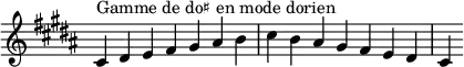 {
\override Score.TimeSignature #'stencil = ##f
\relative c' {
\key cis \dorian
\clef treble \time 7/4
cis4^\markup { Gamme de do♯ en mode dorien } dis e fis gis ais b cis b ais gis fis e dis cis
} }