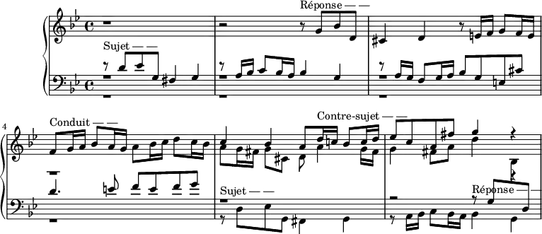 \version "2.14.2"
\header {
tagline = ##f
}
upper = \relative c'' {
\clef treble
\key g \minor
\time 4/4
\tempo 4 = 62
%\autoBeamOff
r1 |
r2 r8^\markup{Réponse — —} g8 bes d, |
cis4 d r8 e!16 f g8 f16 e |
f8^\markup{Conduit — —} g16 a bes8 a16 g a8 bes16 c d8 c16 bes |
<< { c4 bes a8 d16^\markup{Contre-sujet — —} c! bes8 c16 d } \\ { a8 g16 fis g8 cis,8 d a'4 g16 fis } >>
<< { ees'8 c a fis' g4 r4 } \\ { g,4 fis8 a d4 r4 } >>
}
lower = \relative c {
\clef bass
\key g \minor
\time 4/4
<< { r8^\markup{Sujet — —} d'8 ees g, fis4 g } \\ { r1 } \\ { r1 } >>
<< { r8 a16 bes c8 bes16 a bes4 g } \\ { r1 } \\ { r1 } >>
<< { r8 a16 g f8 g16 a bes8 g e! cis' } \\ { r1 } \\ { r1 } >>
<< { d4. e!8 f e f g } \\ { r1 } \\ { r1 } >>
<< { r1 } \\ { r8^\markup{Sujet — —} d,8 ees g, fis4 g } >>
<< { r2 r8^\markup{Réponse — —} g'8 \change Staff = "upper" \stemDown bes \change Staff = "lower" \stemUp d, } \\ { r8 a16 bes c8 bes16 a bes4 g } >>
}
\score {
\new PianoStaff <<
% \set PianoStaff.instrumentName = #"BWV 861"
\new Staff = "upper" \upper
\new Staff = "lower" \lower
>>
\layout {
\context {
\Score
\remove "Metronome_mark_engraver"
}
}
\midi { }
}