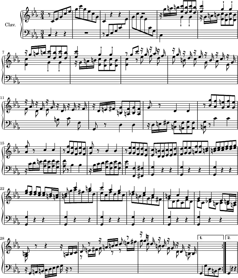 \version "2.18.2"
\header {
tagline = ##f
% composer = "Domenico Scarlatti"
% opus = "K. 84"
% meter = ""
}
%% les petites notes
%trillBesp = { \tag #'print { bes4.\prall } \tag #'midi { c32 bes c bes~ bes4 } }
upper = \relative c'' {
\clef treble
\key c \minor
\time 3/4
\tempo 4 = 122
\set Staff.midiInstrument = #"harpsichord"
\override TupletBracket.bracket-visibility = ##f
\repeat volta 2 {
% s8*0^\markup{Allegro}
r8 c,8 ees g c ees g c g ees c g | c,4 r4 r4 R2. |
% ms. 5
\repeat unfold 2 { r16 g''16 a b \stemUp < ees, c' >8 < d b' > < ees c' > < d b' > | < ees c' >4 g^! g^! } |
% ms. 9
r8 g8 c r16 g16 r16 aes16 r16 f16 | r16 g16 r16 d r16 ees r16 b r16 c r16 g | r16 aes r16 f r16 g r16 d r16 ees r16 f
% ms. 12
r16 d16 e fis < b, g' >8 < a fis' > < b g' > < a fis' > | g'8 r8 d4 d | r8 < bes' g' >8 < aes f' > < g e' > < aes f' > < g e' > | < aes f' > r8 c4 c |
% ms. 16
r8 < aes f' >8 < g ees' > < f d' > < g ees' > < f d' > | < g ees' >8 r8 bes4 bes | r8 < g ees' >8 q < f d' > q < ees c' > | q < d b' > q < ees c' > q < f d' > |
% ms. 20
< f d' >8 < g ees' > q < a f' > q < b d > | q < c ees >8 q < d f >8 q < ees g >8 | q < d f >8 q < c ees >8 q < b d >16 < a c > << { d8 s8 c'4 b | c aes g } \\ { b,8 g' aes fis g d | ees c f d ees c } >>
% ms. 25
<< { f4 ees c | b c aes | g f ees8 d16 c | b8 } \\ { des'8 b c g aes fis | g d ees c f d | ees c des b c b16 a | g8 } >> r8 r4 r16 a16 b c |
% ms. 29
d8 r8 r16 a'16 b c d8 r8 | r16 g16 r16 d16 r16 b16 r16 g16 r16 d16 r16 b16 }%reprise
\alternative {
{ s2. }
{ s2. }
}%alternative
}
lower = \relative c' {
\clef bass
\key c \minor
\time 3/4
\set Staff.midiInstrument = #"harpsichord"
\override TupletBracket.bracket-visibility = ##f
\repeat volta 2 {
% **************************************
c,4 r4 r4 | R2. | r8 c8 ees g c \stemDown \change Staff = "upper" ees g c g ees \change Staff = "lower" c g |
% ms. 5
c,4 \stemDown \change Staff = "upper" \repeat unfold 2 { g''_! g_! | r16 g16 a b < ees, c' >8 < d b' > < ees c' > < d b' > | < ees c' >4 }
% ms. 9 suite
r8 \autoBeamOff ees'8 f d | ees b c g aes ees | f d ees \stemNeutral \change Staff = "lower" b c f, \autoBeamOn |
% ms. 12
g,8 r8 d'4 d | r16 d16 e fis < b, g' >8 < a fis' > < b g' > < a fis' > | < b g' >8 r8 c'4 c | r16 c16 d e < aes, f' >8 < g e' > < aes f' > < g e' > |
% ms. 16
< aes f' >8 r8 bes4 bes | r16 bes16 c d < g, ees' >8 < f d' > < g ees' > < f d' > | < g ees' >4 < f, f' >4 < fis fis' > |
% ms. 19
\repeat unfold 9 { < g g' >4 r4 r4 } |
% ms. 28
r16 g16 a b c d ees f g r16 r8 \stemDown \change Staff = "upper" r8 e'16 fis g8 r8 r8 e'16 fis | \autoBeamOff g8 d b g d b | }%reprise
\alternative {
{ \autoBeamOn \stemNeutral \change Staff = "lower" g,4 g'8 d b d | }
{ g,4 r4 r4 }
}% alternative
}
thePianoStaff = \new PianoStaff <<
\set PianoStaff.instrumentName = #"Clav."
\new Staff = "upper" \upper
\new Staff = "lower" \lower
>>
\score {
\keepWithTag #'print \thePianoStaff
\layout {
#(layout-set-staff-size 17)
\context {
\Score
\override SpacingSpanner.common-shortest-duration = #(ly:make-moment 1/2)
\remove "Metronome_mark_engraver"
}
}
}
\score {
\unfoldRepeats
\keepWithTag #'midi \thePianoStaff
\midi { }
}