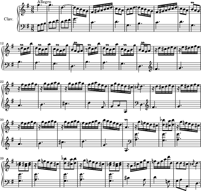 \version "2.18.2"
\header {
tagline = ##f
% composer = "Domenico Scarlatti"
% opus = "K. 290"
% meter = "Allegro"
}
%% les petites notes
trillBp = { \tag #'print { b8\prall } \tag #'midi { c32 b c b } }
trillDqqUp = { \tag #'print { d'16\prall } \tag #'midi { \times 2/3 { d32 e d } } }
trillCqq = { \tag #'print { c16\prall } \tag #'midi { \times 2/3 { c32 d c } } }
trillBqq = { \tag #'print { b16\prall } \tag #'midi { \times 2/3 { b32 c b } } }
trillAqq = { \tag #'print { a16\prall } \tag #'midi { \times 2/3 { a32 b a } } }
appoDp = { \tag #'print { \acciaccatura cis8 d4. } \tag #'midi { cis4 \tempo 4. = 30 d8 \tempo 4. = 82 } }
trillAp = { \tag #'print { a4.\prall } \tag #'midi { b32 a b a~ \tempo 4. = 30 a4 \tempo 4. = 82 } }
upper = \relative c'' {
\clef treble
\key g \major
\time 3/8
\tempo 4. = 82
\set Staff.midiInstrument = #"harpsichord"
\override TupletBracket.bracket-visibility = ##f
s8*0^\markup{Allegro}
g'4. g d4.~ | d8 c16 b a g | fis gis a b c d | c8 b a | b c d~ |
% ms. 8
d8 c16 b a g | fis gis a b c d | c8 b a | \trillBp a8 g | \repeat unfold 2 { r8 \trillDqqUp c16 d b' | d,8 \trillCqq b16 c a' | c,8 \trillBqq a16 b g' |
% ms. 15
b,8 \trillAqq g16 a8 } | r16 d16 cis d e d | r16 e dis e fis e |
% ms. 22
r16 fis16 e fis g fis | \repeat unfold 2 { r16 g16 fis g a g } | fis g a fis e d | e g fis e d cis | \appoDp |
% ms. 28
r16 d16 cis d e d | r16 e dis e fis e | r16 fis16 e fis g fis | \repeat unfold 2 { r16 g16 fis g a g } | fis16 e fis g a fis b a g fis e d | \trillAp |
% ms. 36
\repeat unfold 2 { r16 g'16 f e d cis | < d bes' >8 < cis a' > < d bes' > | r16 g16 f e d cis | < bes d >8 < a cis > < bes d > }
% ms. 44
r16 a16 cis e g e | f d f a d d, | d8 d cis | \appoDp |
}
lower = \relative c' {
\clef bass
\key g \major
\time 3/8
\set Staff.midiInstrument = #"harpsichord"
\override TupletBracket.bracket-visibility = ##f
% ************************************** \appoggiatura a16 \repeat unfold 2 { } \times 2/3 { } \omit TupletNumber
g8 a b | c d e | d e fis | g4. | \repeat unfold 2 { c,4. | d4. | g,4. | b4. }
% ms. 13
a4. g
% ms. 15
d4. b' a g d \clef treble fis' g |
% ms. 22
a4. b cis d4 fis,8 g a a, \clef bass d,4. | \clef treble fis'4.
% ms. 29
g4. a b cis d g, a, | \clef bass
% ms. 36
\repeat unfold 4 { < a g' >4. < g g' > }
% ms. 44
cis4 a8 | d4 f,8 | g a a, | d4.
}
thePianoStaff = \new PianoStaff <<
\set PianoStaff.instrumentName = #"Clav."
\new Staff = "upper" \upper
\new Staff = "lower" \lower
>>
\score {
\keepWithTag #'print \thePianoStaff
\layout {
#(layout-set-staff-size 17)
\context {
\Score
\override SpacingSpanner.common-shortest-duration = #(ly:make-moment 1/2)
\remove "Metronome_mark_engraver"
}
}
}
\score {
\keepWithTag #'midi \thePianoStaff
\midi { }
}