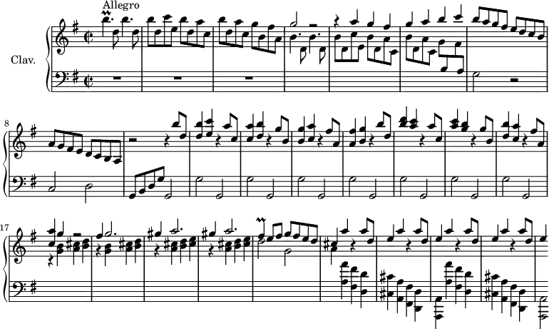 
\version "2.18.2"
\header {
  tagline = ##f
  % composer = "Domenico Scarlatti"
  % opus = "K. 390"
  % meter = "Allegro"
}

%% les petites notes
trillBespUp     = { \tag #'print { b'4.\prall } \tag #'midi { c32 b c b~ b4 } }
trillFis     = { \tag #'print { fis4\prall } \tag #'midi { g32 fis g fis~ b8 } }

upper = \relative c'' {
  \clef treble 
  \key g \major
  \time 2/2
  \tempo 2 = 62
  \set Staff.midiInstrument = #"harpsichord"
  \override TupletBracket.bracket-visibility = ##f

      s8*0^\markup{Allegro}
      \trillBespUp d,8  b'4. d,8 | b'8 d, c' e, \repeat unfold 2 { b' d, a' c, } | g' b, fis' a, | \stemUp g'2 r2 |
      % ms. 5
      r4 a4 g fis | g a b c | b8 a g fis e d c b | a g fis e d c b a |
      % ms. 9
      r2 r4 | b''8 d, | < d b' >4 < e c' > r4 a8 c, | < c a' >4 < d b' > r4 g8 b, | < b g' >4 < c a' > r4 fis8 a, | < a fis' >4 < b g' > r4 b'8 d, | 
      % ms. 14
      < b' d >4 < a c > r4 a8 c, | < a' c >4 < g b > r4 g8 b, | < d b' >4 < c a' > r4 fis8 a, | < c a' >4 g' r2 | fis4 g2. |
      % ms. 19
      \repeat unfold 2 { gis4 a2. } | \trillFis e,8 fis g fis e d | cis4 a' r4 a8 d, |e4 a r4 a8 d, |
      % ms. 24
      \repeat unfold 2 { e4 a r4 a8 d, } | e4*1/2

}

lower = \relative c' {
  \clef bass
  \key g \major
  \time 2/2
  \set Staff.midiInstrument = #"harpsichord"
  \override TupletBracket.bracket-visibility = ##f

    % ************************************** \appoggiatura a8  \repeat unfold 2 {  } \times 2/3 { }   \omit TupletNumber 
      R1*3 | \stemDown \change Staff = "upper"  
      b'4. d,8  b'4. d,8 |
      % ms. 5
      b'8 d, c' e, \repeat unfold 2 { b' d, a' c, } | g' \stemUp \change Staff = "lower" b, \stemDown \change Staff = "upper"  fis' \stemUp \change Staff = "lower" a, \stemNeutral | g2 r2 | c,2 d |
      % ms. 9
      g,8 b d g g,2 | \repeat unfold 7 { g'2 g, } \stemDown \change Staff = "upper" |
      % ms. 14
      \repeat unfold 2 { r4 < g'' b >4 < a cis > < b d > } | \repeat unfold 2 { r4 < a cis >4 < b d > < cis e > } | d2  g, | a4  \change Staff = "lower" < a, a' >4 < fis fis' > < d d' > | < cis cis' > < a a' > < fis fis' > < d d' > |
      % ms. 19
      < a a' >4 < a'' a' >4 < fis fis' > < d d' > | < cis cis' > < a a' > < fis fis' > < d d' > | < a a' >2*1/4 |

}

thePianoStaff = \new PianoStaff <<
    \set PianoStaff.instrumentName = #"Clav."
    \new Staff = "upper" \upper
    \new Staff = "lower" \lower
  >>

\score {
  \keepWithTag #'print \thePianoStaff
  \layout {
      #(layout-set-staff-size 17)
    \context {
      \Score
     \override SpacingSpanner.common-shortest-duration = #(ly:make-moment 1/2)
      \remove "Metronome_mark_engraver"
    }
  }
}

\score {
  \keepWithTag #'midi \thePianoStaff
  \midi { }
}
