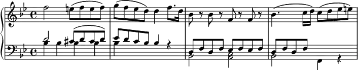 \version "2.18.2"
\header {
tagline = ##f
}
upper = \relative c'' {
\clef treble
\key bes \major
\time 4/4
\tempo 4 = 65
%\override TupletBracket.bracket-visibility = ##f
%%Mozart — Concerto 20 mvt 2, th. 1
f2 e8( f e f) g( f ees d) d4 f8. d16 bes8 r8 bes8 r8 f8 r8 f r8 bes4.( c16 d) c8( d ees e)
}
lower = \relative c {
\clef bass
\key bes \major
\time 4/4
<< { d'2 cis8( d cis d) ees d c bes bes4 r4 } \\ { bes4 bes bes bes bes } >>
<< { d,8 f d f ees f ees f d f d f } \\ { bes,2 < c a >2 bes f4 r4 } >>
}
\score {
\new PianoStaff <<
\new Staff = "upper" \upper
\new Staff = "lower" \lower
>>
\layout {
\context {
\Score
\remove "Metronome_mark_engraver"
}
}
\midi { }
}