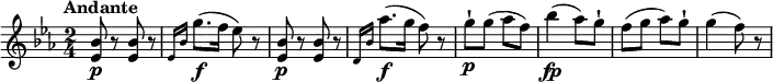 
\relative c' {
     \version "2.18.2"
     \clef "treble" 
     \tempo "Andante" 
     \key ees  \major
      \time 2/4
    <ees bes'>8 \p r8 <ees bes'>8 r8
    \grace {ees16  bes'16} g'8. \f (f16 ees8) r8
    <ees, bes'>8 \p r8 <ees bes'>8 r8
    \grace {d16 bes'16} aes'8. \f (g16 f8) r8
    g-!\p g (aes f)
    bes4\fp (aes8) g-!
    f (g aes) g-!
    g4 (f8) r8
}
