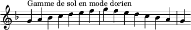 {
\override Score.TimeSignature #'stencil = ##f
\relative c'' {
\key g \dorian
\clef treble \time 7/4
g4^\markup { Gamme de sol en mode dorien } a bes c d e f g f e d c bes a g
} }