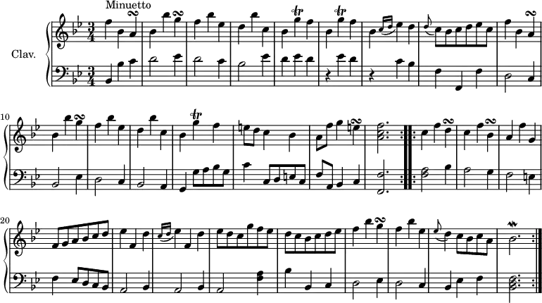 \version "2.18.2"
\header {
tagline = ##f
% composer = "Domenico Scarlatti"
% opus = "K. 42"
% meter = "Minuetto"
}
%% les petites notes
trillGUp = { \tag #'print { g'4\trill } \tag #'midi { a32 g a g~ g8 } }
turnA = { \tag #'print { a4\turn } \tag #'midi { \times 2/3 { bes16 a g } a8 } }
turnG = { \tag #'print { g4\turn } \tag #'midi { \times 2/3 { a16 g f } g8 } }
turnE = { \tag #'print { e4\turn } \tag #'midi { \times 2/3 { f16 e d } e8 } }
turnD = { \tag #'print { d4\turn } \tag #'midi { \times 2/3 { ees16 d c } d8 } }
turnBesDown = { \tag #'print { bes,4\turn } \tag #'midi { \times 2/3 { c16 bes a } bes8 } }
trillBesMor = { \tag #'print { bes2.\mordent } \tag #'midi { a4 bes32 a bes16~ bes8~ \tempo 4 = 62 bes4 } }
upper = \relative c'' {
\clef treble
\key bes \major
\time 3/4
\tempo 4 = 112
\set Staff.midiInstrument = #"harpsichord"
\override TupletBracket.bracket-visibility = ##f
\repeat volta 2 {
s8*0^\markup{Minuetto}
f4 bes, \turnA | bes4 bes' \turnG | f4 bes ees, | d bes' c, | \repeat unfold 2 { bes \trillGUp f4 } |
% ms. 7
bes,4 \grace { \tempo 4 = 62 c16( d } \tempo 4 = 112 ees4) d4 | \appoggiatura d8 c8 bes c d ees c | f4 bes, \turnA | bes4 bes' \turnG |
% ms. 11
f4 bes ees, | d bes' c, | bes \trillGUp f4 | e8 d c4 bes | a8 f' g4 \turnE | < a, c f >2. }%reprise
% ms. 17
\repeat volta 2 {
c4 f \turnD | c4 f \turnBesDown | a4 f' g, | f8 g a bes c d | ees4 f, d' | \grace { \tempo 4 = 62 c16( d } \tempo 4 = 112 ees4) f, d' |
% ms. 23
ees8 d c g' f ees | d c bes c d ees | f4 bes \turnG | f4 bes ees, | \appoggiatura ees8 d4 c8 bes c a | \trillBesMor \tempo 4 = 112 }%reprise
}
lower = \relative c' {
\clef bass
\key bes \major
\time 3/4
\set Staff.midiInstrument = #"harpsichord"
\override TupletBracket.bracket-visibility = ##f
\repeat volta 2 {
% ************************************** \appoggiatura a8 \repeat unfold 2 { } \times 2/3 { } \omit TupletNumber
bes,4 bes' c | d2 ees4 | d2 c4 | bes2 ees4 | d ees d |
% ms. 6
r4 ees4 d | r4 c4 bes | f f, f' | d2 c4 | bes2 ees4
% ms. 11
d2 c4 | bes2 a4 | g g'8 a bes g | c4 c,8 d e c | f a, bes4 c | < f, f' >2. }%reprise
% ms. 27
\repeat volta 2 {
< f' a >2 bes4 | a2 g4 | f2 e4 | f ees8 d c bes | \repeat unfold 2 { a2 bes4 } |
% ms. 23
a2 < f' a >4 | bes bes, c | d2 ees4 | d2 c4 | bes ees f | < bes, d f >2. }%reprise
}
thePianoStaff = \new PianoStaff <<
\set PianoStaff.instrumentName = #"Clav."
\new Staff = "upper" \upper
\new Staff = "lower" \lower
>>
\score {
\keepWithTag #'print \thePianoStaff
\layout {
#(layout-set-staff-size 17)
\context {
\Score
\override SpacingSpanner.common-shortest-duration = #(ly:make-moment 1/2)
\remove "Metronome_mark_engraver"
}
}
}
\score {
\unfoldRepeats
\keepWithTag #'midi \thePianoStaff
\midi { }
}