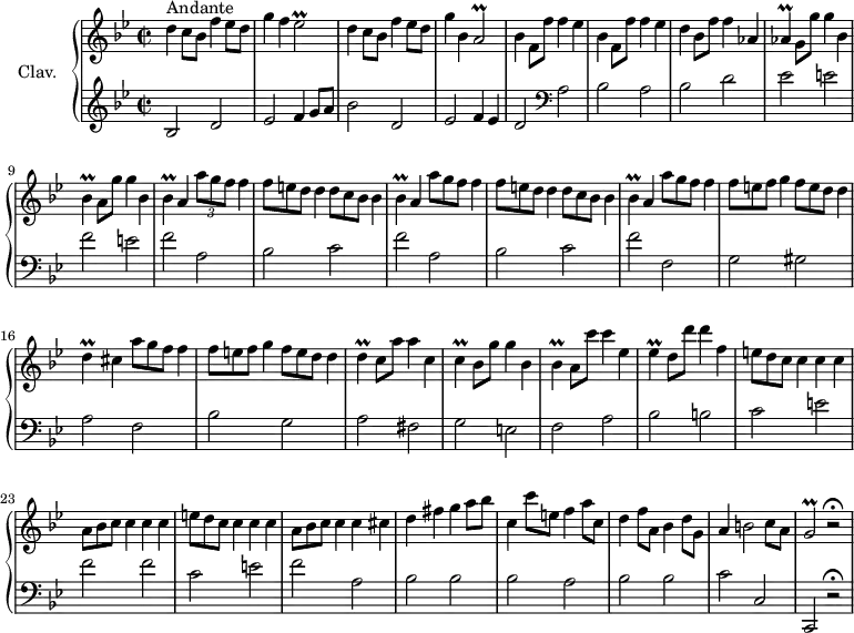 
\version "2.18.2"
\header {
  tagline = ##f
  % composer = "Domenico Scarlatti"
  % opus = "K. 310"
  % meter = "Andante"
}

%% les petites notes
trillEesb     = { \tag #'print { ees2\prall } \tag #'midi { f32 ees f ees~ ees8~ ees4 } }
trillAb       = { \tag #'print { a2\prall } \tag #'midi { bes32 a bes a~ a8~ a4 } }
trillAes      = { \tag #'print { aes4\prall } \tag #'midi { bes32 aes bes aes~ aes8 } }
trillBes      = { \tag #'print { bes4\prall } \tag #'midi { c32 bes c bes~ bes8 } }
trillEes      = { \tag #'print { ees4\prall } \tag #'midi { f32 ees f ees~ ees8 } }
trillC        = { \tag #'print { c4\prall } \tag #'midi { d32 c d c~ c8 } }
trillD        = { \tag #'print { d4\prall } \tag #'midi { e32 d e d~ d8 } }
trillGb       = { \tag #'print { g2\prall } \tag #'midi { a32 g a g~ g8~ g4 } }

upper = \relative c'' {
  \clef treble 
  \key bes \major
  \time 2/2
  \tempo 2 = 72
  \set Staff.midiInstrument = #"harpsichord"
  \override TupletBracket.bracket-visibility = ##f

      s8*0^\markup{Andante}
      d4 c8 bes f'4 ees8 d | g4 f \trillEesb | d4 c8 bes f'4 ees8 d | g4 bes, \trillAb | \repeat unfold 2 { bes4 f8 f' f4 ees } |
      % ms. 7
      d4 bes8 f' f4 aes, | \trillAes g8 g' g4 bes,4 | \trillBes a8 g' g4 bes, | \repeat unfold 2 { \trillBes a4 \times 2/3 { a'8 g f } f4  \omit TupletNumber 
      % ms. 11
      \times 2/3 { f8 e d } d4 \times 2/3 { d8 c bes } bes4 } | \trillBes a4 \times 2/3 { a'8 g f } f4
      % ms. 15
      \times 2/3 { f8 e f } g4 \times 2/3 { f8 e d } d4 | \trillD cis4 \times 2/3 { a'8 g f } f4 | \times 2/3 { f8 e f } g4 \times 2/3 { f8 e d } d4 | \trillD c8 a' a4 c, |
      % ms. 19
      \trillC bes8 g' g4 bes, | \trillBes a8 c' c4 ees, | \trillEes d8 d' d4 f, | \times 2/3 { e8 d c } c4 c c |
      % ms. 23
      \times 2/3 { a8 bes c } c4 c c | \times 2/3 { e8 d c } c4 c c | \times 2/3 { a8 bes c } c4 c cis | d fis g a8 bes
      % ms. 27
      c,4 c'8 e, f4 a8 c, | d4 f8 a, bes4 d8 g, | a4 b2 c8 a | \trillGb r2\fermata |

}

lower = \relative c' {
  \clef bass
  \key bes \major
  \time 2/2
  \set Staff.midiInstrument = #"harpsichord"
  \override TupletBracket.bracket-visibility = ##f

    % ************************************** \appoggiatura a16  \repeat unfold 2 {  } \times 2/3 { }   \omit TupletNumber 
        \clef treble  bes2 d | ees f4 g8 a | bes2 d, | ees f4 ees | d2   \clef bass a |
      % ms. 6
      bes2 a | bes d | ees e | f e | \repeat unfold 2 { f a, |
      % ms. 14…
      bes2 c } | f2 f,
      % ms. 14
      g2 gis | a f | bes g | a fis |
      % ms. 19
      g2 e | f a | bes b | c e |
      % ms. 23
      f2 f | c e | f a, | bes bes |
      % ms. 27
      bes2 a | bes bes | c c, | c, r2\fermata

}

thePianoStaff = \new PianoStaff <<
    \set PianoStaff.instrumentName = #"Clav."
    \new Staff = "upper" \upper
    \new Staff = "lower" \lower
  >>

\score {
  \keepWithTag #'print \thePianoStaff
  \layout {
      #(layout-set-staff-size 17)
    \context {
      \Score
     \override SpacingSpanner.common-shortest-duration = #(ly:make-moment 1/2)
      \remove "Metronome_mark_engraver"
    }
  }
}

\score {
  \keepWithTag #'midi \thePianoStaff
  \midi { }
}
