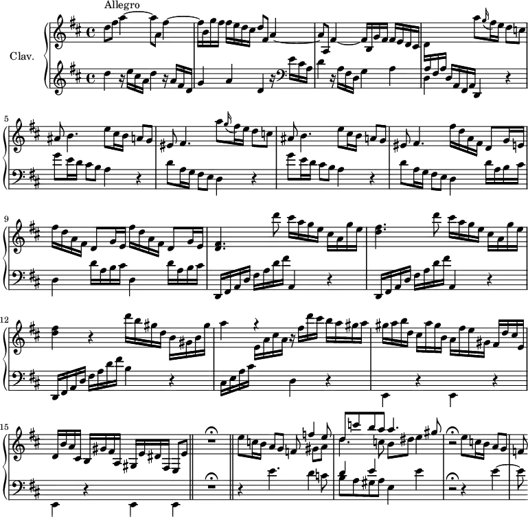 \version "2.18.2"
\header {
tagline = ##f
}
%% les petites notes
trillBesp = { \tag #'print { bes4.\prall } \tag #'midi { c16 bes c bes c bes } }
upper = \relative c'' {
\clef treble
\key d \major
\time 4/4
\tempo 4 = 96
\set Staff.midiInstrument = #"harpsichord"
s8*0^\markup{Allegro}
d8 fis a4~ a8 a, fis'4~ | fis16 b, g' fis fis e d cis d8 fis, a4~ | a8 a, fis'4~ fis16 b, g' fis fis e d cis |
% ms. 4
d16 \stemUp \change Staff = "lower" a fis a s4 \stemNeutral \change Staff = "upper" \repeat unfold 2 { a''8 \appoggiatura g16 fis16 e d8 c | ais8 b4. | e8 cis16 b a8 g | eis8 fis4. }
% ms. 8 fin
\repeat unfold 3 { fis'16 d a fis d8 g16 e } |
% ms. 10
< d fis >4. d''8 cis16 a g e cis a g' e | < d fis >4. d'8 cis16 a g e cis a g' e | < d fis >4 r4 d'16 b gis d b gis b gis' |
% ms. 13
a4 g4\rest r16 fis d'cis b a gis a | gis a b d, cis a' gis b, a fis' e gis, fis d' cis e, | d b' a cis, b gis' fis a, gis e' dis \tempo 4 = 82 fis, e8 e' \bar "||" R1\fermata \bar "||"
% ms. 17
\tempo 4 = 96 e'8 c16 b a8 g << { f8 f'4 e8 | d c' b a a4. gis8 } \\ { s4 gis,8 a | \mergeDifferentlyDottedOn d4. c8 b dis e4 } >> \tempo 4 = 82 r2\fermata \tempo 4 = 96 e8 c16 b a8 g | f
}
lower = \relative c' {
\clef bass
\key d \major
\time 4/4
\set Staff.midiInstrument = #"harpsichord"
% **************************************
\clef treble d'4 r16 e cis a d4 r16 a fis d | g4 a d, r16 \clef bass e16 cis a | d4 r16 a fis d g4 a |
% ms. 4
d,4 d16 a fis a d,4 \repeat unfold 2 { r4 | g''8 e16 d cis8 b a4 r4 | d8 a16 g fis8 e d4 }
% ms. 8 fin
\repeat unfold 2 { d'16 a b cis d,4 } d'16 a b cis |
% ms. 10
\repeat unfold 2 { d,,16 fis a d fis a d fis a,,4 r4 } d,16 fis a d fis a d fis b,4 r4
% ms. 13
cis,16 e a cis \stemDown \change Staff = "upper" e a cis a \change Staff = "lower" d,,4 \repeat unfold 4 { r4 | e,4 } e | R1\fermata
% ms. 17
r4 e''4. d4 c8 | << { d4 e } \\ { b8 a gis a e4 e' } >> r2\fermata r4 e4~ e8
}
thePianoStaff = \new PianoStaff <<
\set PianoStaff.instrumentName = #"Clav."
\new Staff = "upper" \upper
\new Staff = "lower" \lower
>>
\score {
\keepWithTag #'print \thePianoStaff
\layout {
#(layout-set-staff-size 17)
\context {
\Score
\override SpacingSpanner.common-shortest-duration = #(ly:make-moment 1/2)
\remove "Metronome_mark_engraver"
}
}
}
\score {
\keepWithTag #'midi \thePianoStaff
\midi { }
}