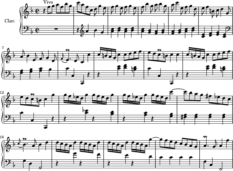 \version "2.18.2"
\header {
tagline = ##f
% composer = "Domenico Scarlatti"
% opus = "K. 168"
% meter = "Vivo"
}
%% les petites notes
trillC = { \tag #'print { c8\prall } \tag #'midi { d32 c d c } }
trillEp = { \tag #'print { e4.\prall } \tag #'midi { f32 e f e~ e4 } }
trillBesp = { \tag #'print { bes4.\prall } \tag #'midi { c32 bes c bes~ bes4 } }
trillAp = { \tag #'print { a4.\prall } \tag #'midi { bes32 a bes a~ a4 } }
upper = \relative c'' {
\clef treble
\key f \major
\time 2/2
\tempo 2 = 58
\set Staff.midiInstrument = #"harpsichord"
\override TupletBracket.bracket-visibility = ##f
s8*0^\markup{Vivo}
r4 f8 g a f bes g | c a f c d g4 e8 | f g4 e8 f g4 e8 |
% ms. 4
f8 bes4 g8 a bes4 g8 | a c4 e,8 f g4 d8 | e f4 b,8 c d4 g,8 | a bes4 e,8 f g4 d8 |
% ms. 8
\appoggiatura f8 \trillEp d8 c4 c' | c16 b a g c4 c8 d e f | e d \trillC b8 c4 c | c16 b a g c4 c8 d e f |
% ms. 12
e d \trillC b8 c4 g' | \repeat unfold 3 { g16 f ees d g4 } g16 f ees d c'4~ | c8 bes a g fis ees d c |
% ms. 16
\appoggiatura c8 \trillBesp a8 bes4 d | \repeat unfold 3 { d16 c bes a d4 } d16 c bes a g'4~ | g8 f e d c bes a g |
% ms. 20
\trillAp g8 a4 f' |
}
lower = \relative c' {
\clef bass
\key f \major
\time 2/2
\set Staff.midiInstrument = #"harpsichord"
\override TupletBracket.bracket-visibility = ##f
% ************************************** \appoggiatura a8 \repeat unfold 2 { } \times 2/3 { } \omit TupletNumber
R1 | r4 \clef treble a'4 bes g | \repeat unfold 2 { < a c >4 < bes d > } |
% ms. 4
< a c >4 < g bes > < f a > < g bes > | < f a > < g bes > < a c > < bes d > | < c, e > < d f > < e g > < c e > | \clef bass < f, a > < g bes > < a c > bes |
% ms. 8
c4 c, c, r4 | \repeat unfold 2 { r4 < c'' e >4 < d f > < b d > |
% ms. 12
c4 c, c, r4 } | r4 < c'' ees > r4 < bes d > | r4 < a c > r4 < g bes > | < fis a > q q q |
% ms. 16
g4 d g,2 | r4 g''4 r4 f4 | r4 e4 r4 d | c c c c |
% ms. 20
f,4 c f,2 |
}
thePianoStaff = \new PianoStaff <<
\set PianoStaff.instrumentName = #"Clav."
\new Staff = "upper" \upper
\new Staff = "lower" \lower
>>
\score {
\keepWithTag #'print \thePianoStaff
\layout {
#(layout-set-staff-size 17)
\context {
\Score
\override SpacingSpanner.common-shortest-duration = #(ly:make-moment 1/2)
\remove "Metronome_mark_engraver"
}
}
}
\score {
\keepWithTag #'midi \thePianoStaff
\midi { }
}