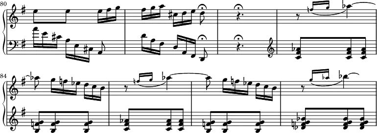 
\version "2.18.2"
\header {
  tagline = ##f
}

%% les petites notes
trillD     = { \tag #'print { d8\trill } \tag #'midi { \times 2/3 { e32 d e } d16 } }
trillCis     = { \tag #'print { cis8\trill } \tag #'midi { \times 2/3 { d32 cis d } cis16 } }


upper = \relative c'' {
  \clef treble 
  \key g \major
  \time 3/8
  \tempo 4. = 54
  \omit Staff.TimeSignature
  \set Score.currentBarNumber = #80
  \set Staff.midiInstrument = #"harpsichord"
  \override TupletBracket.bracket-visibility = ##f
  \omit TupletNumber
  \bar ""

   % ms. 80
   e8 e \times 2/3 { e16[ fis g] } | \times 2/3 { fis16 g a } \times 2/3 { cis,16[ d e] } d8\fermata | \tempo 4. = 40 r4.\fermata | 
   % ms. 83
   \repeat unfold 2 { r8 \grace { f16( g16 } aes4~) | aes8 \times 2/3 { g16[ f ees] } \times 2/3 { d16 c b } }
   r8 \grace { g'16( aes16 } bes4*1/2~) \hideNotes bes8

}

lower = \relative c {
  \clef bass
  \key g \major
  \time 3/8
  \omit Staff.TimeSignature
  \set Staff.midiInstrument = #"harpsichord"
  \override TupletBracket.bracket-visibility = ##f
  \omit TupletNumber

    % **************************************
   \times 2/3 { a''16 e cis } \times 2/3 { a16[ e cis] } a8 | \times 2/3 { d'16 a fis } \times 2/3 { d16[ a fis] } d8\fermata | r4.\fermata |
     \clef treble \repeat unfold 2 { < c'' fis aes >8 q q | < b f' g >8 q q } | < des f g bes >8 q q | 

}

thePianoStaff = \new PianoStaff <<
    \set PianoStaff.instrumentName = #""
    \new Staff = "upper" \upper
    \new Staff = "lower" \lower
  >>

\score {
  \keepWithTag #'print \thePianoStaff
  \layout {
      indent = #0
      #(layout-set-staff-size 17)
    \context {
      \Score
     \override SpacingSpanner.common-shortest-duration = #(ly:make-moment 1/2)
      \remove "Metronome_mark_engraver"
    }
  }
}

\score {
  \keepWithTag #'midi \thePianoStaff
  \midi { }
}
