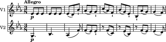 
<<
  \new Staff \with { instrumentName = #"V1 "}
  \relative c'' {
     \version "2.18.2"
     \key ees \major
     \tempo "Allegro"
     \time 3/8
   ees,8\p ees ees
   ees ees ees
   ees (d) bes'-!
   aes8 (g) g-!
   c8 (aes) f-! bes (g) ees-!
   bes-! aes' (g) g4 (f8)
  }
  \new Staff \with { instrumentName = #"V2 "}
  \relative c'' {
    \key ees \major
    \time 3/8
    g,4.\p bes aes4 (f'8)
    f (ees) ees-!
    r8 f (c)
    r8 ees (bes)
    r8 f' (ees)
    ees4 (d8)

  }
>>
