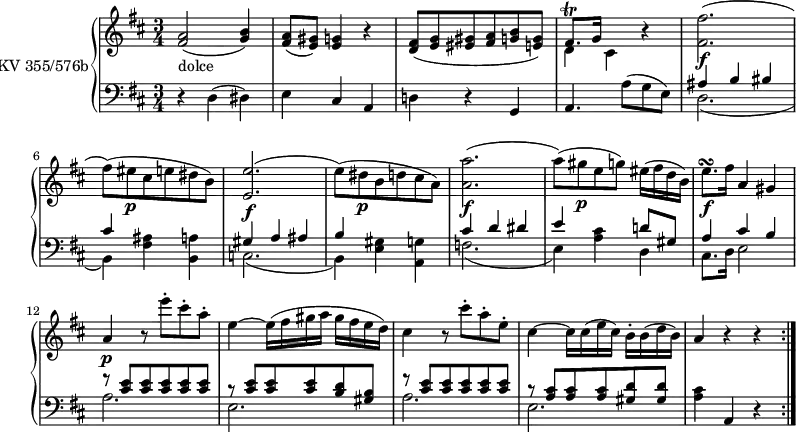 \version "2.14.2"
\header {
tagline = ##f
}
upper = \relative c'' {
\clef "treble"
\key d \major
\time 3/4
\tempo 4 = 72
\set Staff.midiInstrument = #"dulcimer"
\repeat volta 2 {
<fis, a>2_ \markup {dolce} (<g b>4)
<fis a>8 (<e gis>) <e g>4 r
<d fis>8 (<e g> <eis gis> <fis a> <g b> <e! g>)
<< {fis8.\trill g16} \\ {d4 cis}>> r4
<fis fis'>2.\f
(fis'8) (eis\p cis e dis b)
<e, e'>2.\f
(e'8) (dis\p b d cis a)
<a a'>2.\f
(a'8) (gis\p e g) eis16 (fis d b)
e8.\turn \f fis16 a,4 gis
a\p r8 e''-. cis-. a-.
e4 ~ e16 (fis gis a gis fis e d)
cis4 r8 cis'-. a-. e-.
cis4 ~ cis16 cis (e cis) b-. b (d b)
a4 r r
}
}
lower = \relative c {
\clef "bass"
\key d \major
\time 3/4
\set Staff.midiInstrument = #"harpsichord"
\set Staff.midiMinimumVolume = #0.2
\set Staff.midiMaximumVolume = #0.4
\repeat volta 2 {
r4 d4 (dis)
e cis a
d! r g,
a4. a'8 (g e)
<< {ais4 b bis cis} \\ {d,2. (b4)}>>
<fis' ais>4 <b, a'>
<< {gis'4 a ais b} \\ {c,2. (b4)}>>
<e gis>4 <a, g'>
<< {cis'4 d dis e} \\ {f,2. (e4)}>>
<a cis>4
<< {d!8 gis, a4 cis b} \\ {d,4 cis8. d16 e2)}>>
<< {r8 <cis' e> <cis e> <cis e> <cis e> <cis e> r <cis e> <cis e> <cis e> <b d>
<gis b> r8 <cis e> <cis e> <cis e> <cis e> <cis e> r <a cis> <a cis> <a cis> <gis d'> <gis d'>} \\ {a2. e a e)}>>
<a cis>4 a, r
}
}
\score {
\new PianoStaff <<
\set PianoStaff.instrumentName = #"KV 355/576b"
\new Staff = "upper" \upper
\new Staff = "lower" \lower
>>
\layout {
\context {
\Score
\remove "Metronome_mark_engraver"
}
}
\midi { }
}