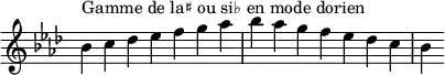 {
\override Score.TimeSignature #'stencil = ##f
\relative c'' {
\key bes \dorian
\clef treble \time 7/4
bes4^\markup { Gamme de la♯ ou si♭ en mode dorien } c des es f g aes bes aes g f es des c bes
} }