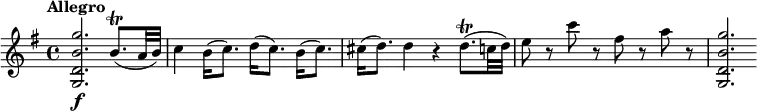 \relative c' {
\override Score.NonMusicalPaperColumn #'line-break-permission = ##f
\version "2.18.2"
\tempo "Allegro"
\key g \major
\tempo 4 = 140
<g d' b' g'>2.\f b'8.\trill( a32 b) |
c4 b16( c8.) d16( c8.) b16( c8.) |
cis16( d8.) d4 r d8.\trill( c32 d) |
e8 r c' r fis, r a r |
<g,, d' b' g'>2.
}