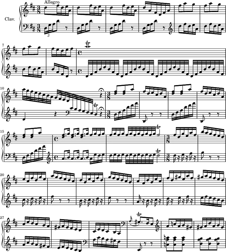 
\version "2.18.2"
\header { 
  tagline = ##f
}

%% les petites notes
trillD = { \tag #'print { d4\trill } \tag #'midi { e32 d e d e \tempo 4 = 60 d~ d16 } }
trillFisq = { \tag #'print { \appoggiatura a16 gis8.\trill } \tag #'midi { a32 gis a gis a gis } }

trillA = { \tag #'print { a1\trill } \tag #'midi { \repeat unfold 16 { b32 a } } }
trillFis = { \tag #'print { fis2\trill } \tag #'midi { \repeat unfold 7 { fis32 g } fis \tempo 4 = 50 g } }
trillDd = { \tag #'print { d2\trill } \tag #'midi { \repeat unfold 7 { e32 d } e32 d } }

upper = \relative c'' {
  \clef treble 
  \key d \major
  \time 3/8
  \tempo 4. = 72
  \set Staff.midiInstrument = #"harpsichord"
  \override TupletBracket.bracket-visibility = ##f

     s8*0^\markup{Allegro} \repeat unfold 3 { d8 fis16 d e a, } | d16 a fis d fis a | \repeat unfold 3 { fis'8 a g } | fis16 e d e fis8 |

     % ms. 9
     \tempo 4 = 72 \trillA | a32 g fis e d cis b a \omit TupletNumber \stemUp \times 8/10 { g32 fis e d \change Staff = "lower"  \clef bass cis b a g fis e } \trillD  \change Staff = "upper"  \clef treble r4\fermata | 

     % ms. 11
     \tempo 4. = 84 < d'' fis >8 q a' \repeat unfold 2 { fis16 d e cis d a | < d fis >8 q a' }

     % ms. 16
     \tempo 4 = 72 \repeat unfold 3 { < d, fis >8.[ g16] } \tempo 4 = 82 fis16 g fis g  | fis16[ g fis g] \tempo 4 = 90 \repeat unfold 4 { fis32 g } \trillFis 

     % ms. 18
     \tempo 4. = 90
     fis16 d g e a fis | b a g fis e d |
     % ms. 20
     e16 cis fis d g e | a g fis e d cis | d b e cis fis d | g fis e d cis b | cis a d b e cis | fis d gis e a fis | 
     % ms. 26
     gis16 a gis fis e d | cis e d cis b a | gis a gis fis e d | cis e d cis b a |  \clef bass \trillFisq fis16 e8 | \tempo 4. = 84  \clef treble  a'8 c16 a b gis | gis a d a b gis | 
     % ms. 

}

lower = \relative c {
  \clef bass
  \key d \major
  \time 3/8
  \set Staff.midiInstrument = #"harpsichord"
  \override TupletBracket.bracket-visibility = ##f

    % **************************************
      \times 2/3 { d16 g a } d8 r8  \omit TupletNumber \repeat unfold 2 { \times 2/3 { d,16 g a } d8 r8 } | \times 2/3 { d,16 g a } d8 r8 |   \clef treble \repeat unfold 3 { d'8 fis16 d e a, } | d16 a fis d r8 | 

      % ms. 9 
      \time 4/4  \repeat unfold 4 { d32 fis a d fis d a fis } | d4 r4 s4 d,4\rest\fermata | 
       
      % ms. 11
      \time 3/8 \repeat unfold 2 { d16 fis a d fis a | d,,,8 r8 r8 } | d'16 fis a d fis a | 

      % ms. 16
      \time 4/4 \clef treble | \repeat unfold 3 { a8. b16 } a16 e' d e | d e d e \repeat unfold 4 { d32 e } \trillDd | 

      % ms. 18
      \time 3/8
      d16 r16 e16 r16 fis16 r16 | g8 r8 r8 |
      % ms. 20
      cis,16 r16 d16 r16 e16 r16 | fis8 r8 r8 | b,16 r16 cis16 r16 d16 r16 | e8 r8 r8 | a,16 r16 b16 r16 cis16 r16 | d16 r16 e16 r16 fis16 r16
      % ms. 26
      e16 fis e d cis b | a cis b a gis fis | e fis e d cis b |   \clef bass a cis b a gis fis | e,8 r8 r8 | < c' a' c >8 q q | 
      % ms. 32
      < d a' b >8 q q

}

thePianoStaff = \new PianoStaff <<
    \set PianoStaff.instrumentName = #"Clav."
    \new Staff = "upper" \upper
    \new Staff = "lower" \lower
  >>

\score {
  \keepWithTag #'print \thePianoStaff
  \layout {
      #(layout-set-staff-size 17)
    \context {
      \Score
     \override SpacingSpanner.common-shortest-duration = #(ly:make-moment 1/2)
      \remove "Metronome_mark_engraver"
    }
  }
}

\score {
  \keepWithTag #'midi \thePianoStaff
  \midi { }
}
