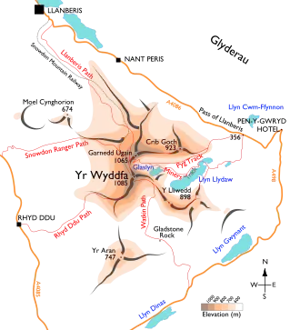 Carte du massif Snowdon avec les principaux itinéraires menant au sommet du mont Snowdon.