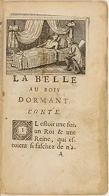 Première page du conte, une gravure représente une juene fille alitée, un jeune homme lui tient la main. En dessous le début du conte.