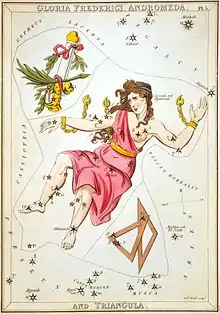 Une jeune femme enchaînée au visage déformé par la peur vêtue d'une robe rose au milieu de deux équerres (représentant la constellation du triangle) et de la {{w|Gloire de Frédéric}}
