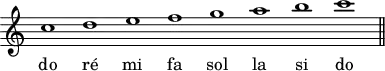 \header {
tagline = ##f
}
\score {
\new Staff \with {
\remove "Time_signature_engraver"
}
\relative c' {
\time 8/1
\tempo 1 = 55
\autoBeamOff
\clef treble
\override Rest #'style = #'classical
c'1 d e f g a b c
\bar "||"
}
\addlyrics {
do ré mi fa sol la si do
}
\layout {
\context {
\Score
\remove "Metronome_mark_engraver"
}
}
\midi {}
}