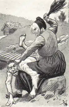 Caricature représentant un homme recevant des coups de branches.