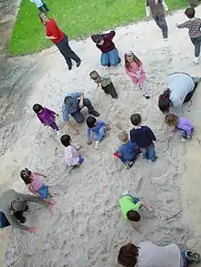 Photographie d'un tas de sable avec des enfants.