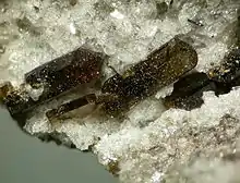 Gros plan sur des cristaux noirs légèrement transparents plurimillimétriques semblables à des prismes droits à quatre faces latérales rectangulaires égales deux à deux dans une gangue de cristaux transparents blancs plus petits de forme cubique.