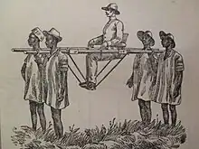 Dessin représentant quatre hommes portant une charrette à bras avec un autre homme assis dessus.