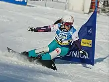Photographie d'une personne descendant une pente enneigée sur une planche.