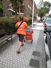photographie : Une femme de dos sur un trottoir pousse un chariot de courrier