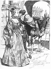 Dessin satirique d'un baron homme-pénis levant son chapeau devant une dame, qui lui demande de ne pas rester « décaloté ».